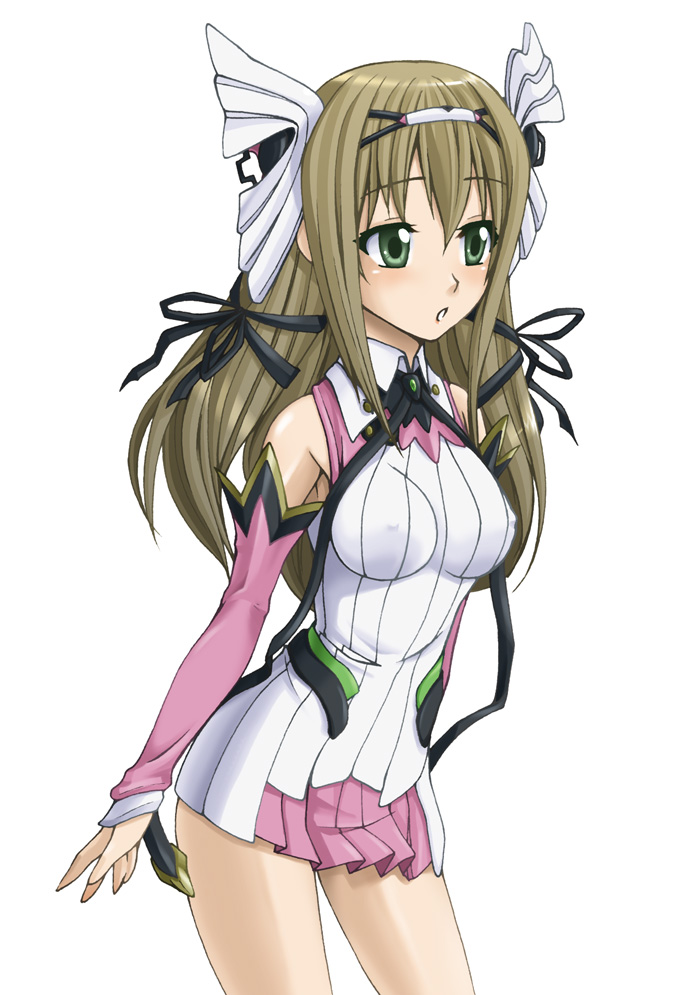 kiriyama machi, aurica nestmile, ar tonelico, ar tonelico i, gust, striped, bad id, bad pixiv id, 00s, 1girl, armpits, breasts, brown hair, covered erect nipples, detached sleeves, dress, female focus, green eyes, hair ornament, hair ribbon, impossible clothes, impossible shirt, long hair, medium breasts, ribbon, shirt, simple background, solo