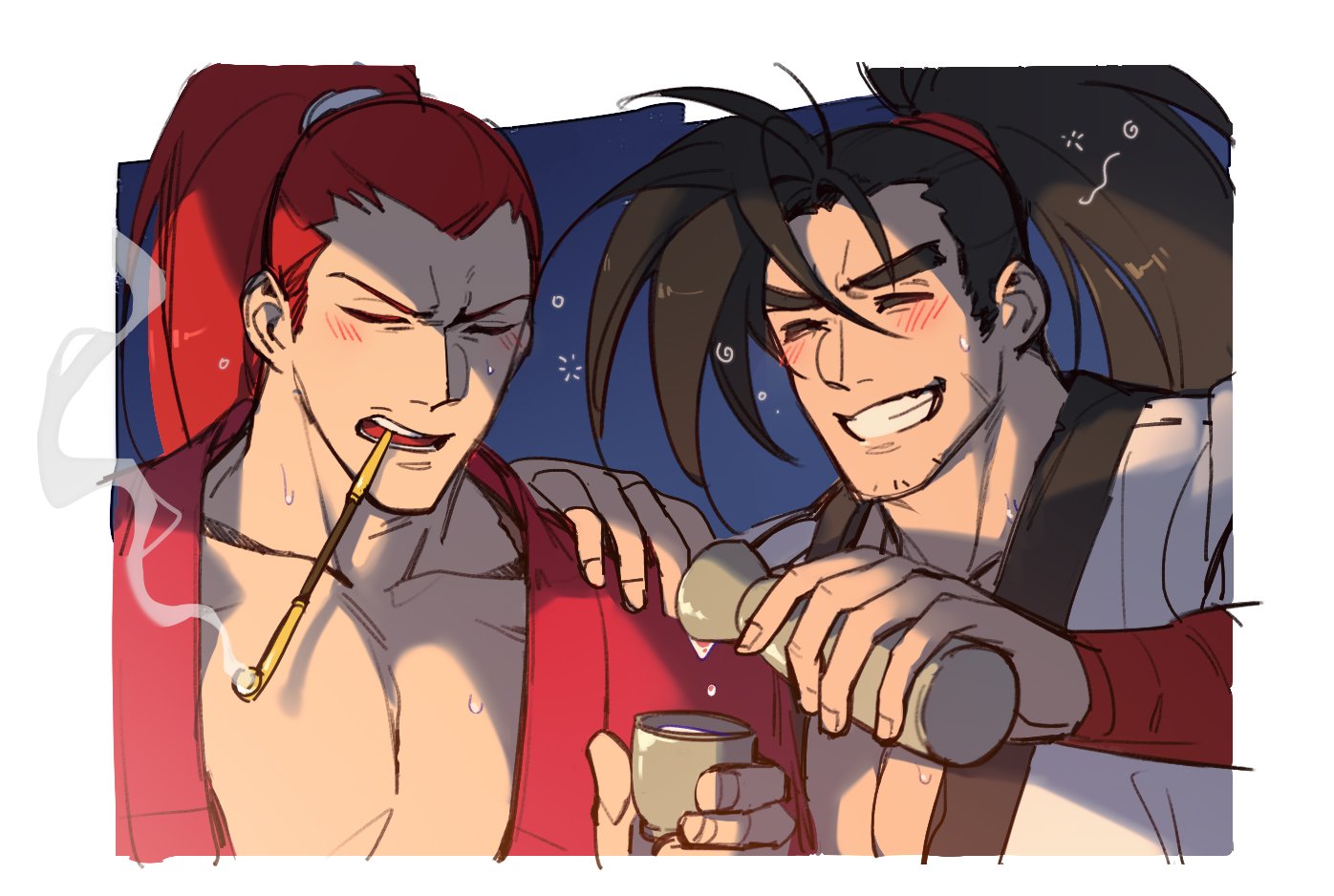an ling withered, haoumaru, kibagami genjuro, samurai spirits, 2boys, black hair, blush, bottle, choko (cup), closed eyes, cup, drunk, grin, hand on another's shoulder, holding, holding bottle, holding cup, japanese clothes, kimono, kiseru, long hair, male focus, multiple boys, muscular, muscular male, pectoral cleavage, pectorals, ponytail, red hair, red kimono, smile, smoking, smoking pipe, squeans, sweat, thick eyebrows, tokkuri, v-shaped eyebrows
