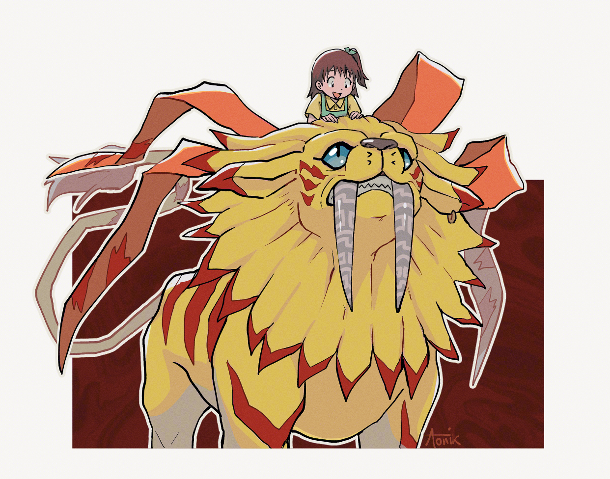 aonik, saberleomon, digimon, digimon tamers, 1girl, blue eyes, brown eyes, brown hair, digimon (creature), fangs, looking at another, open mouth, riding digimon, shirt, short sleeves, yellow fur, yellow shirt