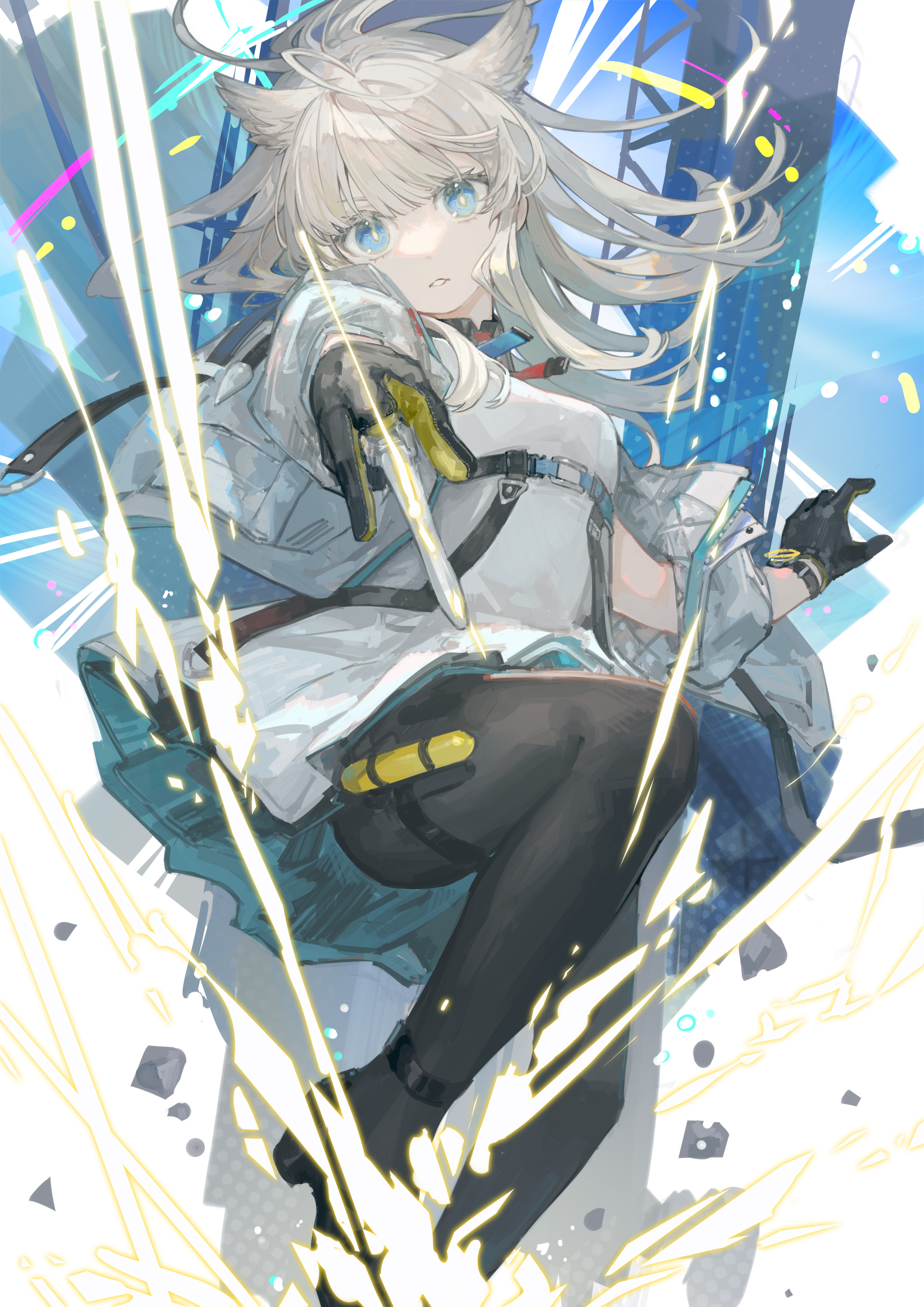 miike (992058), perlica (arknights), arknights, arknights: endfield, absurdres, highres, 1girl, ahoge, animal ears, belt, bird ears, black belt, black gloves, black pantyhose, black shoes, blue eyes, blunt bangs, breasts, bright pupils, collared dress, cropped jacket, dress, feather hair, floating hair, foot out of frame, from below, gloves, hand up, jacket, knee up, long hair, looking at viewer, medium breasts, multiple belts, off shoulder, open clothes, open jacket, orange gloves, pantyhose, parted lips, reaching, reaching towards viewer, shoes, short dress, sidelocks, solo, sparks, three-quarter sleeves, two-tone gloves, white dress, white hair, white jacket, white pupils