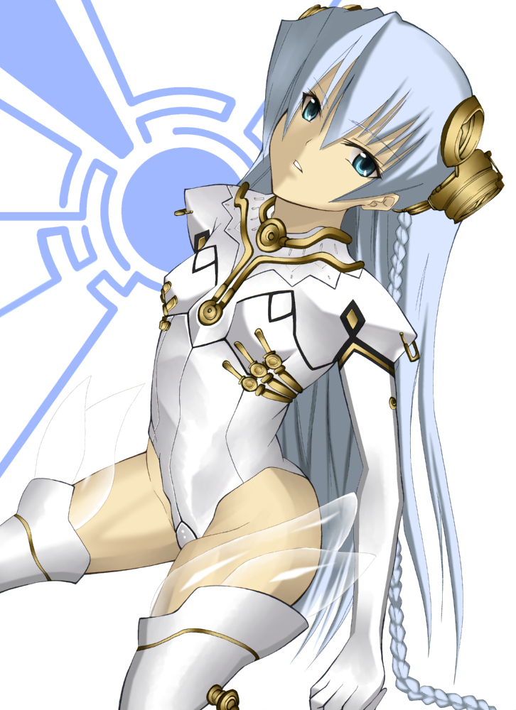 daive, shurelia (ar tonelico), ar tonelico, ar tonelico i, gust, silver hair, bad id, bad pixiv id, 00s, 1girl, blue eyes, braid, clenched hand, cowboy shot, dutch angle, female focus, flat chest, from side, gloves, groin, hair between eyes, hair ornament, head tilt, headgear, highleg, highleg leotard, leotard, long hair, looking at viewer, parted lips, see-through clothes, simple background, sitting, solo, thighhighs, twin braids, very long hair, white background, white gloves, white thighhighs