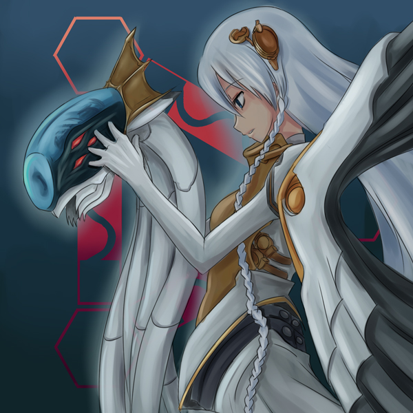 tsukeyakiba, shurelia (ar tonelico), ar tonelico, ar tonelico i, gust, 00s, 1girl, blue eyes, braid, elbow gloves, female focus, gloves, hair ornament, headpat, long hair, red eyes, serpent, solo, very long hair, white hair