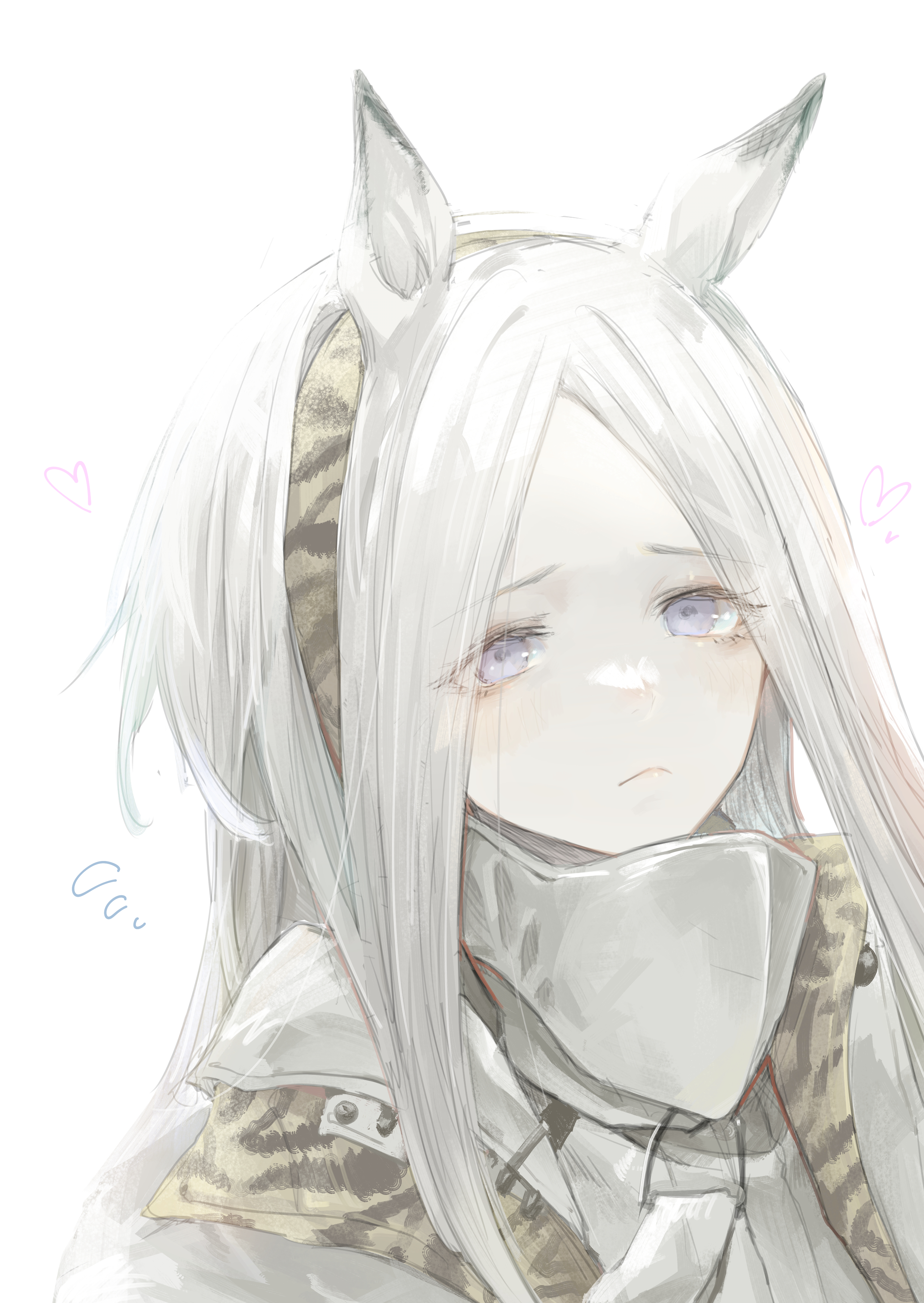 hasukurira, heavyrain (arknights), arknights, absurdres, highres, 1girl, animal ears, animal print, breasts, camel ears, camel girl, ear covers, ear ornament, hairband, horse ears, horse girl, horse tail, shirt, single ear cover, solo, striped clothes, striped hairband, tail, zebra ears, zebra girl, zebra print, zebra tail