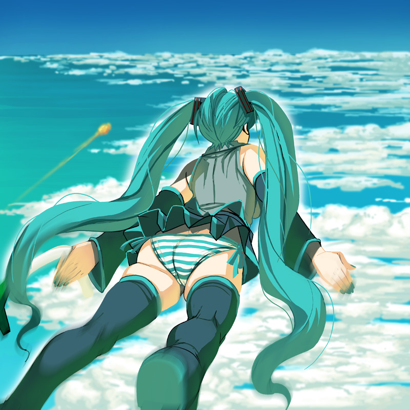 kouno (masao), hatsune miku, vocaloid, bad id, bad pixiv id, aqua hair, ass, back, cloud, detached sleeves, flying, legs, long hair, panties, spring onion, striped clothes, striped panties, thighhighs, twintails, underwear