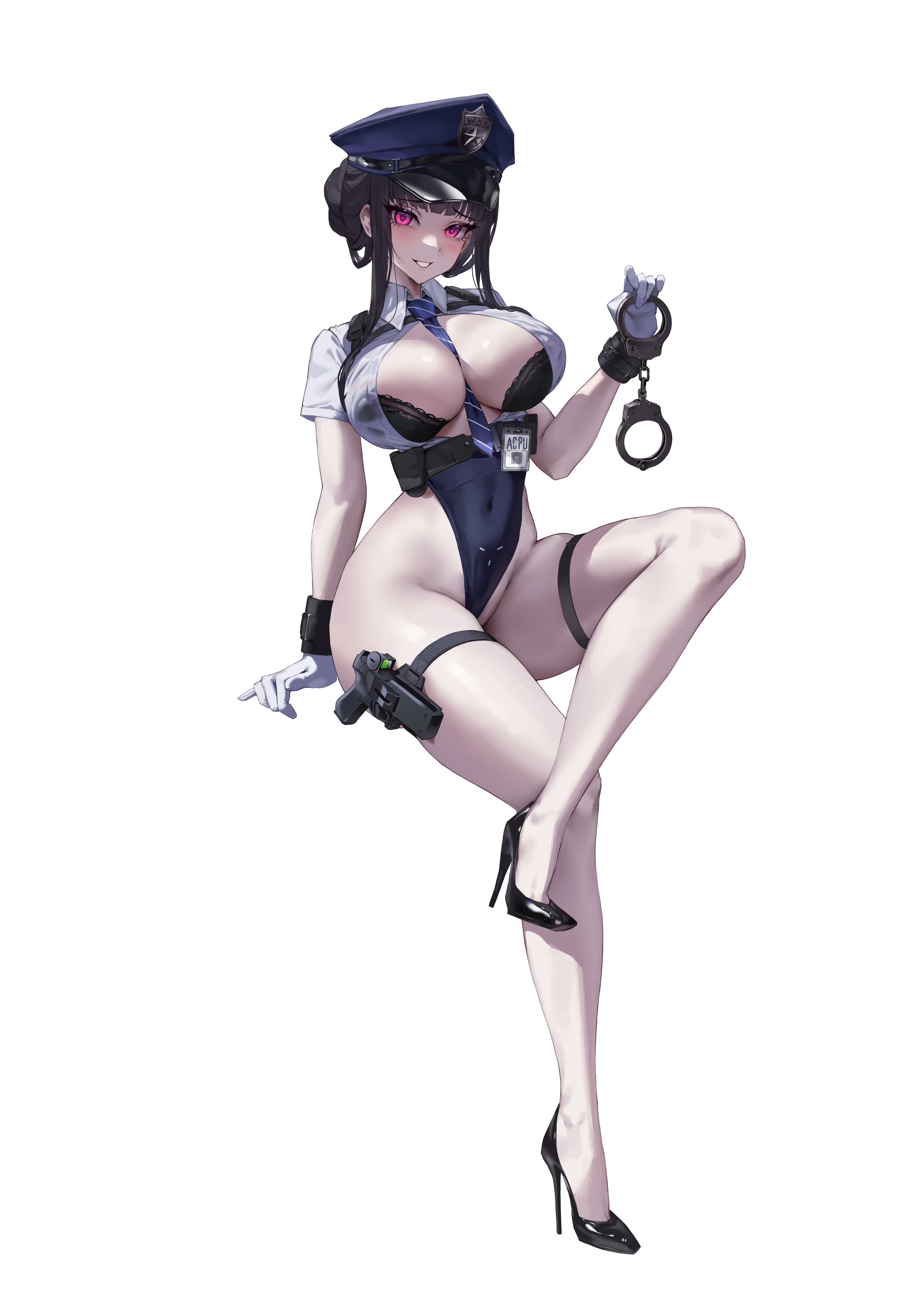 nankam76, d (killer wife) (secret police) (nikke), goddess of victory: nikke, absurdres, highres, 1girl, between breasts, black hair, blush, breasts, cleavage, cuffs, full body, gloves, gun, handcuffs, handgun, hat, high heels, holding, holding handcuffs, holster, holstered, id card, large breasts, leotard, long hair, looking at viewer, necktie, necktie between breasts, official alternate costume, parted lips, police hat, red eyes, simple background, sitting, solo, thigh holster, thigh strap, weapon, white background, white gloves