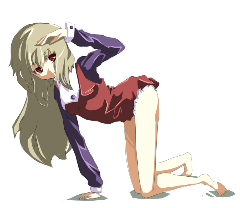 kahen kyuuki, roll (mega man), capcom, mega man (classic), mega man (series), bad id, bad pixiv id, 1girl, arm support, bare legs, barefoot, blonde hair, female focus, full body, long hair, looking at viewer, red eyes, red skirt, simple background, skirt, solo, thighs, toes, white background