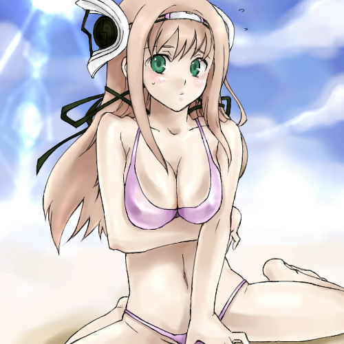 sato ashu, satoo a shu, aurica nestmile, ar tonelico, ar tonelico i, gust, lowres, 00s, 1girl, beach, bikini, blush, breasts, brown hair, cleavage, embarrassed, female focus, green eyes, hair ornament, hair ribbon, hairband, large breasts, long hair, pink bikini, ribbon, solo, spread legs, sweatdrop, swimsuit