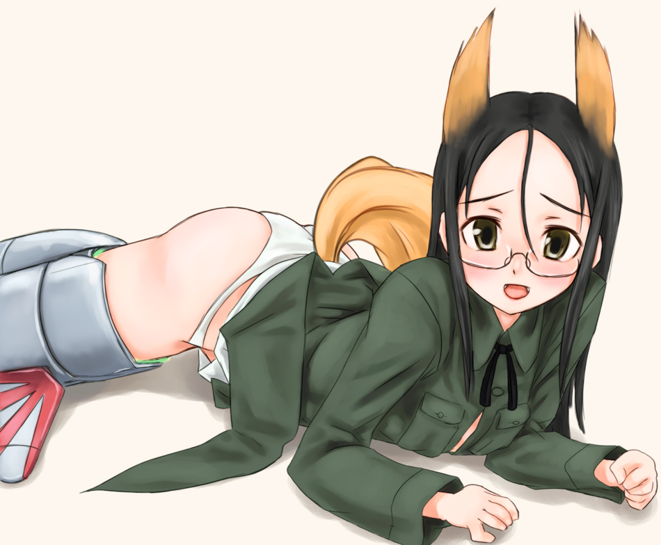 scharfschutze, suwa amaki, strike witches, strike witches: kurenai no majo-tachi, world witches series, bad id, bad pixiv id, 00s, 1girl, animal ears, black hair, female focus, glasses, long hair, lying, panties, solo, tail, underwear