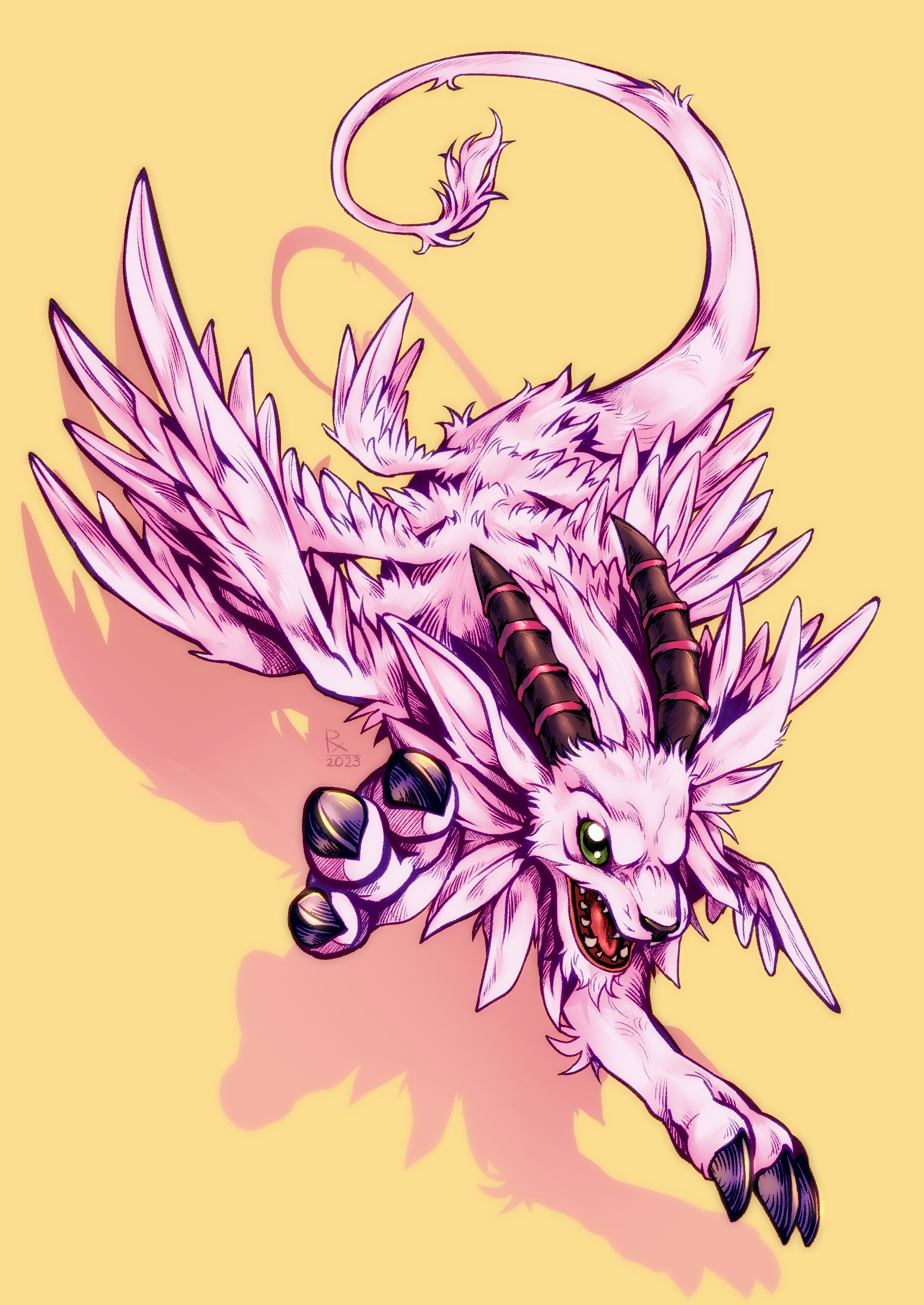holydramon, digimon, absurdres, highres, claws, digimon (creature), green eyes, horns, multiple wings, nasty-hellbread, no humans, open mouth, pink fur, simple background, solo, tail, wings, yellow background