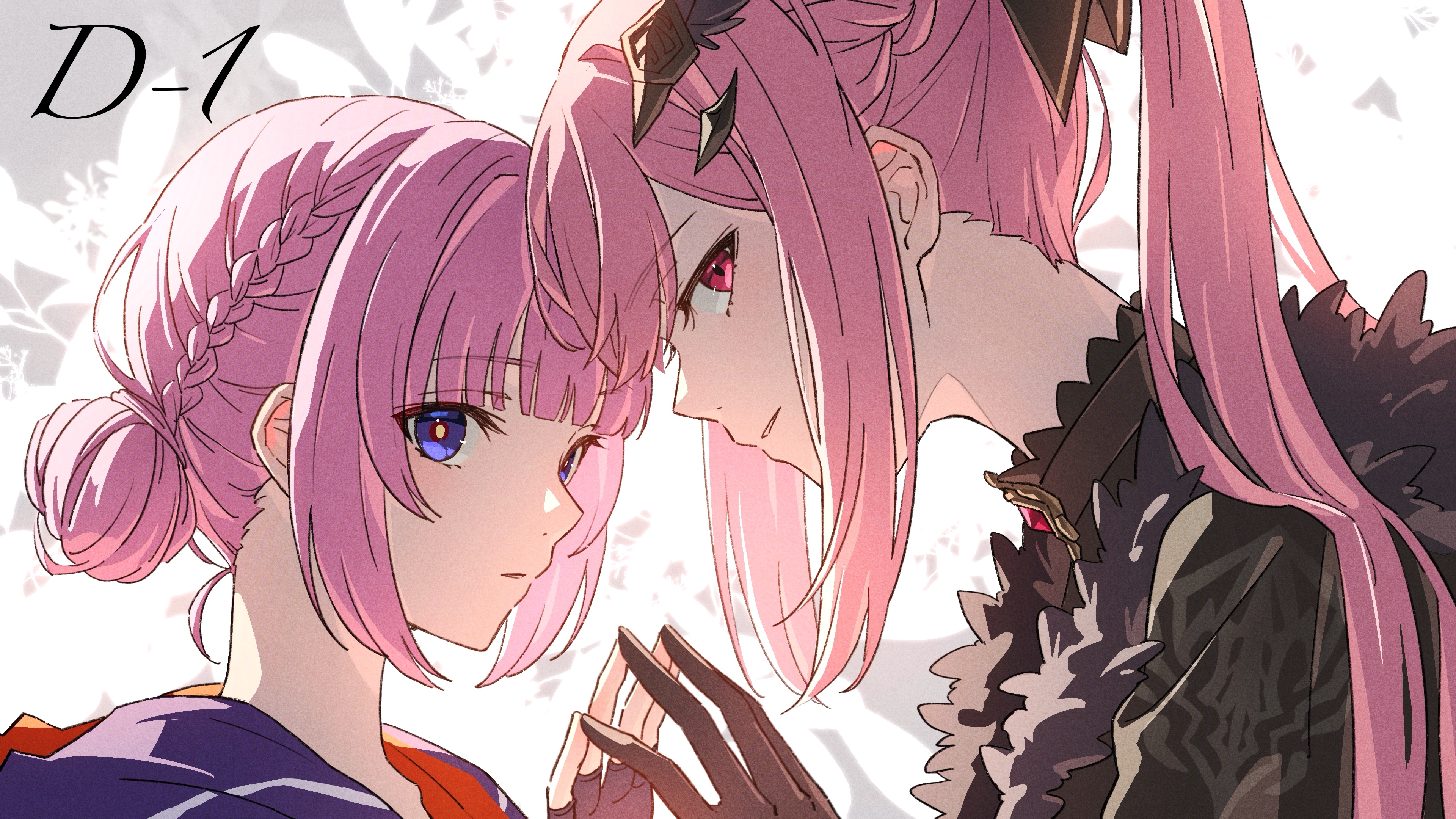 mele ck, kaf (kamitsubaki studio), mori calliope, hololive, hololive english, kamitsubaki studio, absurdres, highres, second-party source, 2girls, black gloves, black jacket, black ribbon, blue eyes, braid, fingerless gloves, fur jacket, gloves, hair bun, hair ornament, hair ribbon, hood, hoodie, jacket, long hair, looking at viewer, multiple girls, parted lips, pink eyes, pink hair, ponytail, purple hoodie, red hoodie, ribbon, virtual youtuber, yellow pupils