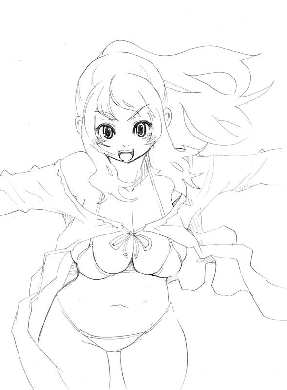 tsuutenkaaku, bikini, blush, breasts, cape, greyscale, happy, large breasts, long hair, monochrome, outline, solo, swimsuit
