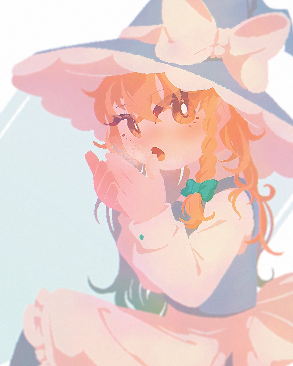 8osakana san8, kirisame marisa, touhou, 1girl, apron, black hat, black skirt, black vest, blonde hair, bow, braid, cold, cuff links, green bow, hair bow, hat, hat bow, long hair, long sleeves, looking at viewer, looking to the side, open mouth, single braid, skirt, skirt set, vest, white apron, white bow, witch hat, yellow eyes