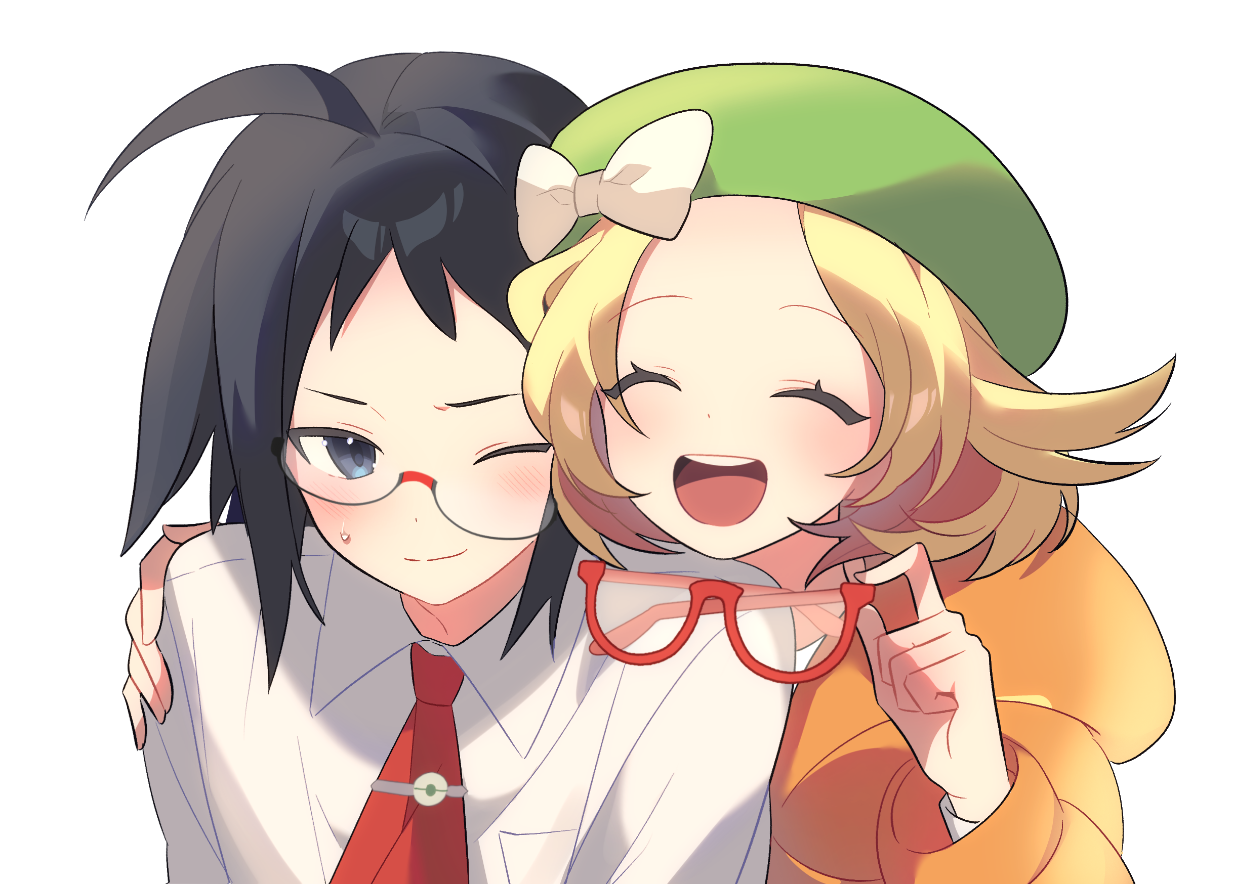 ebi (shrimp eleven), bianca (pokemon), cheren (pokemon), nintendo, pokemon, pokemon bw2, highres, 1boy, 1girl, ;), ahoge, black eyes, black hair, blonde hair, bow, closed eyes, closed mouth, glasses, green hat, hat, hat bow, holding, holding removed eyewear, jacket, locked arms, long sleeves, looking at another, necktie, one eye closed, open mouth, orange jacket, red-framed eyewear, red necktie, shirt, short hair, smile, sweatdrop, teeth, unworn eyewear, upper teeth only, white background, white bow, white shirt