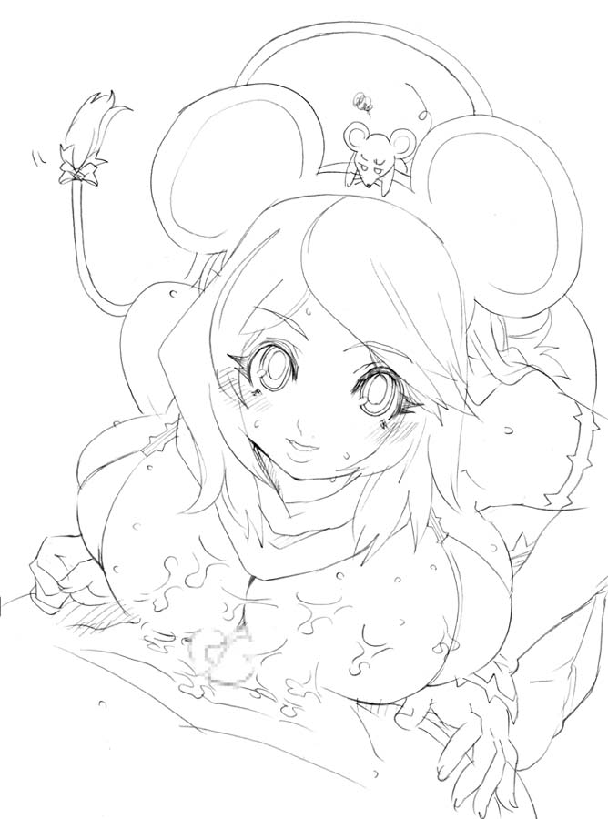 tsuutenkaaku, 1girl, animal ears, breasts, censored, cum, cum on body, cum on breasts, cum on upper body, greyscale, huge breasts, long hair, monochrome, mouse ears, mouse tail, paizuri, penis, solo focus, tail