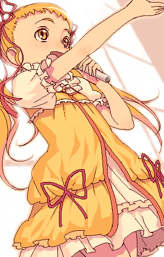 hijiri rei, kasugano urara (yes! precure 5), precure, yes! precure 5, lowres, 00s, 1girl, blonde hair, female focus, hair ribbon, long hair, microphone, oekaki, ribbon, solo, yellow eyes