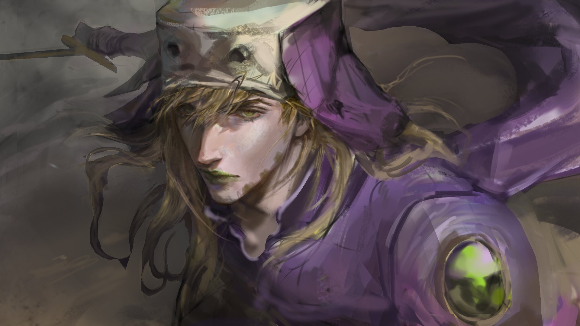 gyro zeppeli, jojo no kimyou na bouken, steel ball run, commentary request, highres, korean commentary, 1boy, beard, blonde hair, cape, executioner, executioner's sword, executioner hood, facial hair, green eyes, green lips, gyro zeppeli (executioner), holding, holding sword, holding weapon, long hair, makeup, male focus, mask, mask on head, official alternate costume, purple cape, purple hood, purple shirt, rjwkd3, shirt, solo, sword, weapon, white mask