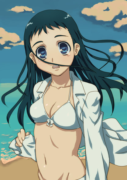 hirose (mokiki), original, 1girl, beach, bikini, blue eyes, breasts, female focus, green hair, long hair, solo, swimsuit, tears