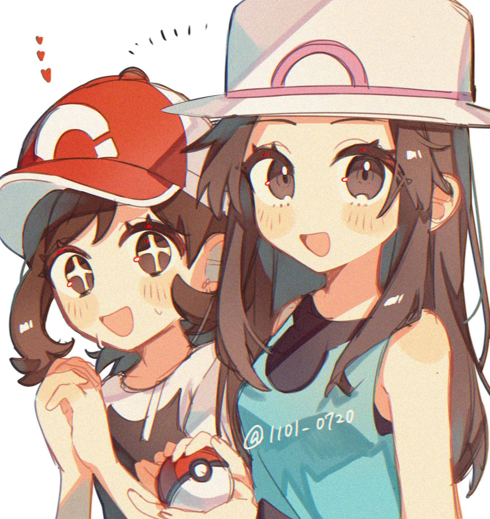 sumeragi1101, elaine (pokemon), leaf (pokemon), nintendo, pokemon, pokemon frlg, pokemon lgpe, highres, + +, 2girls, :d, blush, brown eyes, brown hair, bucket hat, eyelashes, hands up, happy, hat, heart, holding, holding poke ball, long hair, looking at viewer, multiple girls, open mouth, own hands together, poke ball, poke ball (basic), red hat, shirt, sidelocks, sleeveless, sleeveless shirt, smile, sweat, white background, wristband