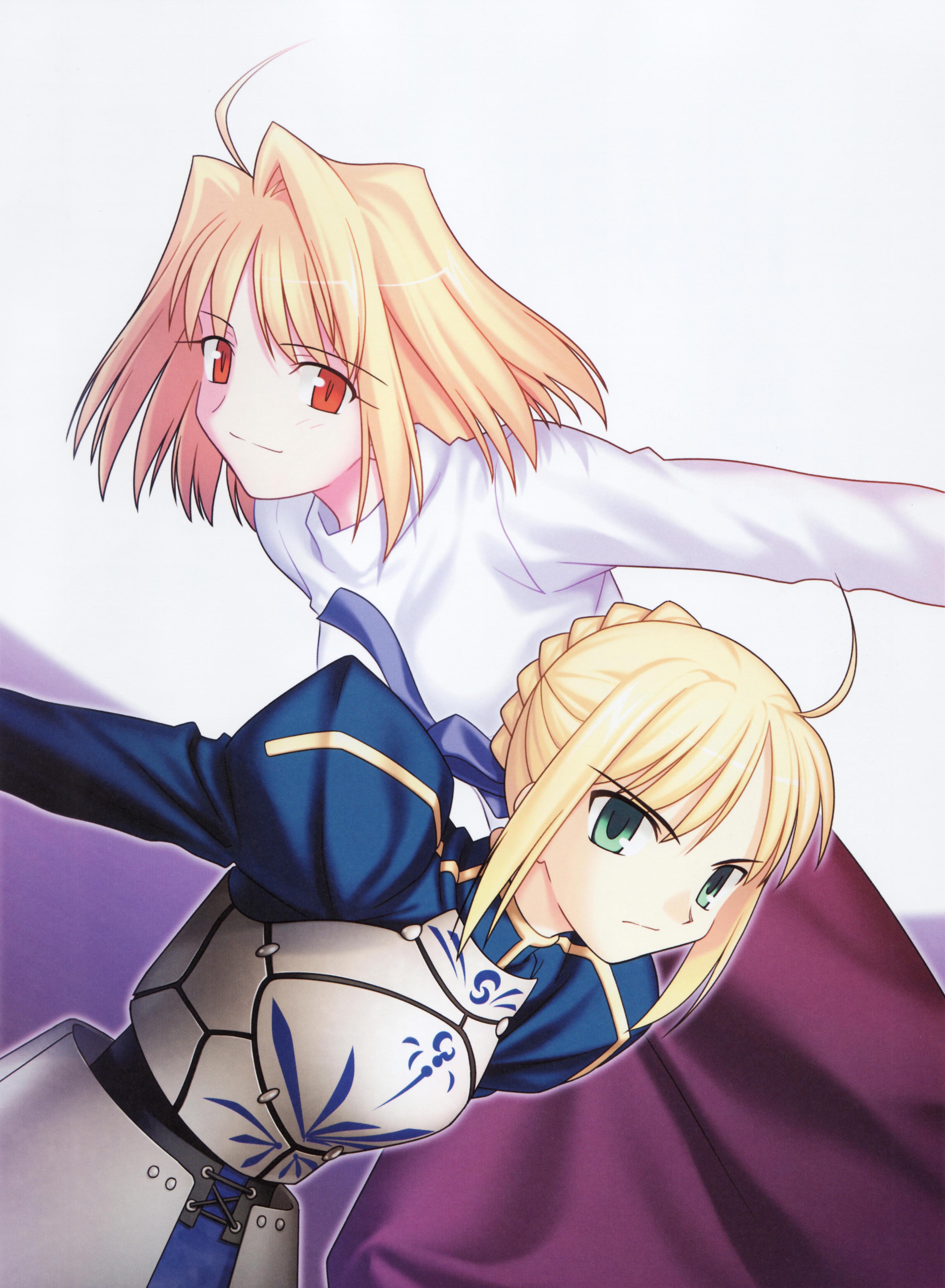 takeuchi takashi, arcueid brunestud, artoria pendragon (fate), saber (fate), fate/stay night, fate (series), tsukihime, type-moon, absurdres, highres, scan, 00s, 2girls, ahoge, blonde hair, company connection, creator connection, crossover, green eyes, long skirt, multiple girls, purple skirt, red eyes, skirt, smirk, sweater