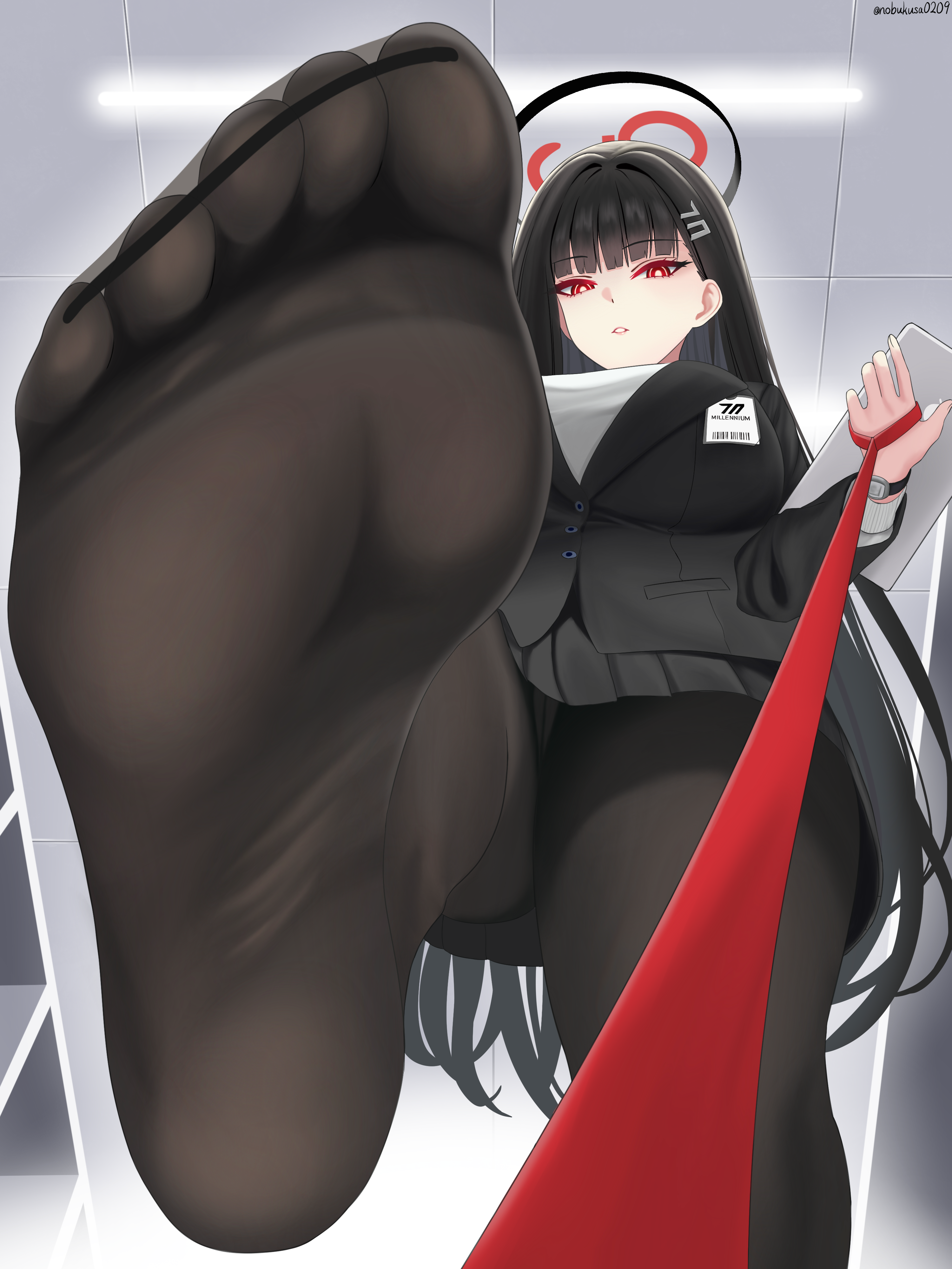 nobukusa0209, rio (blue archive), blue archive, absurdres, commentary request, highres, 1girl, black hair, black jacket, black pantyhose, black skirt, blazer, breasts, feet, foot focus, from below, halo, holding, holding tablet pc, jacket, large breasts, leash, long hair, looking at viewer, pantyhose, parted lips, pleated skirt, red eyes, ringed eyes, skirt, solo, sweater, tablet pc, very long hair, watch, white sweater, wristwatch