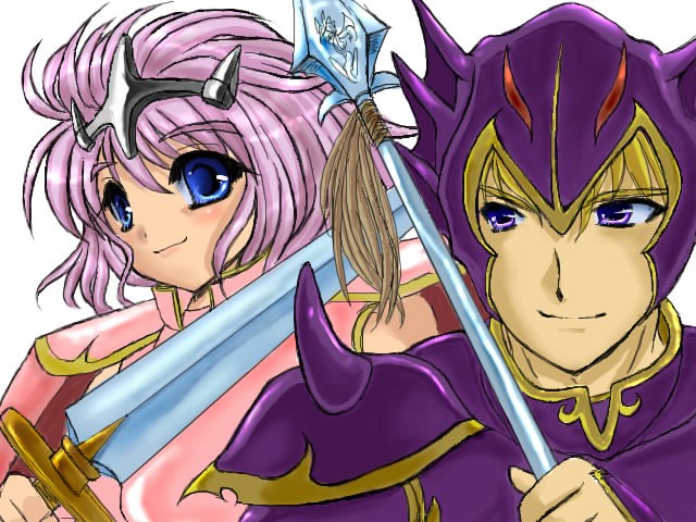 oonishi koala, cain highwind, cecil harvey, dragoon (final fantasy), final fantasy, final fantasy iv, 1990s (style), 2boys, blonde hair, blue eyes, dragoon, male focus, multiple boys, pink hair, purple eyes, short hair