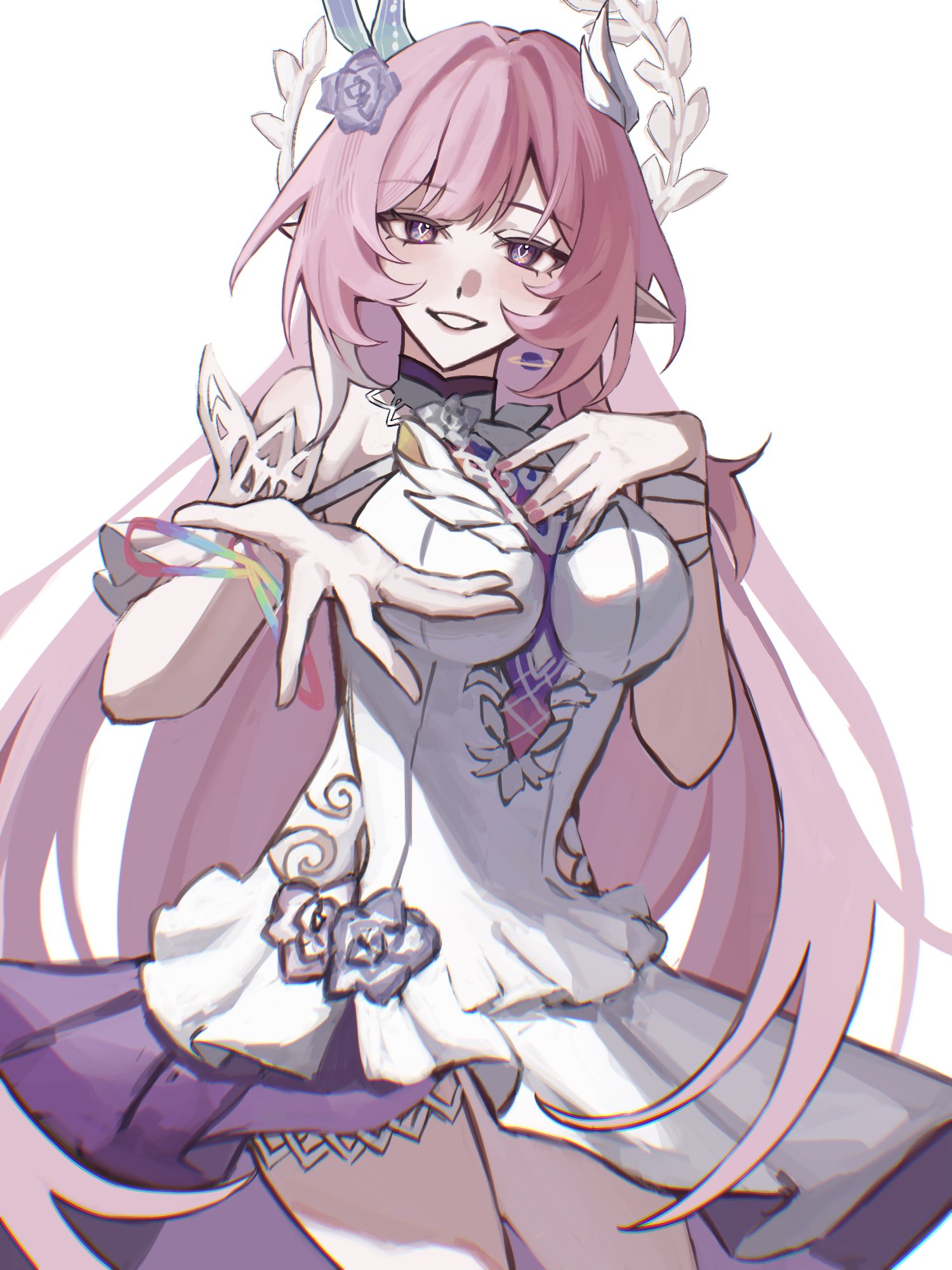 cyrene (honkai: star rail), cyrene (ripples of past reverie) (honkai: star rail), honkai: star rail, honkai (series), commentary request, highres, 1girl, ai se na, bare shoulders, breasts, cowboy shot, diamond-shaped pupils, diamond (shape), dress, flower, hair flower, hair ornament, halo, large breasts, long hair, looking at viewer, pink hair, pointy ears, purple eyes, reaching, reaching towards viewer, simple background, smile, solo, symbol-shaped pupils, thighs, very long hair, white background, white dress