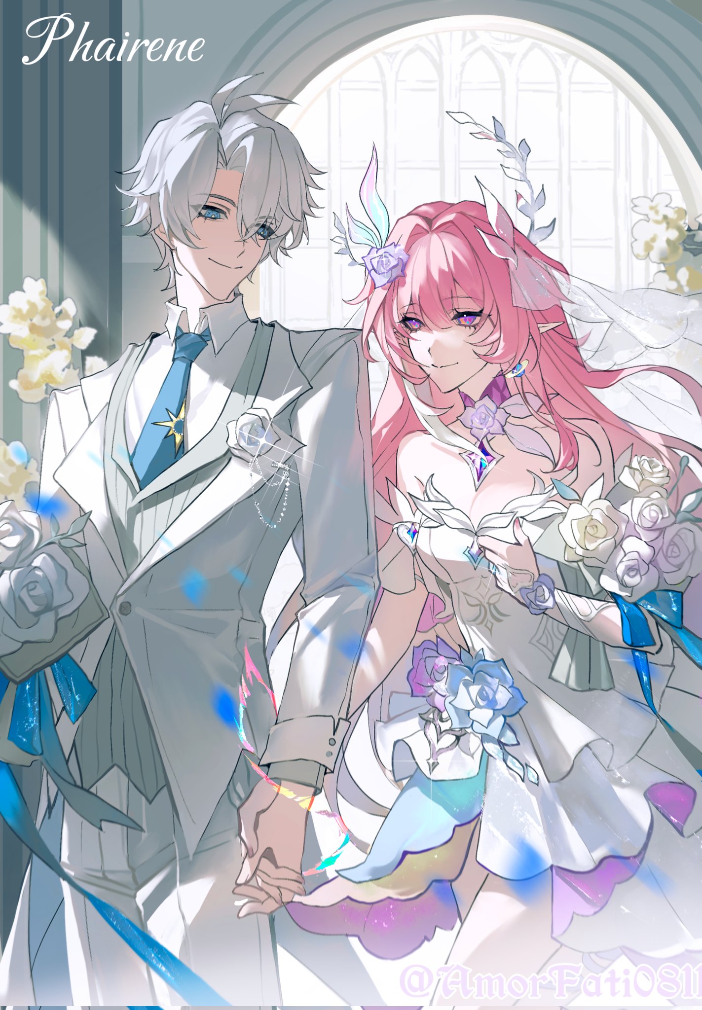 cyrene (honkai: star rail), cyrene (ripples of past reverie) (honkai: star rail), phainon (honkai: star rail), honkai: star rail, honkai (series), commentary, english commentary, highres, 1girl, amorfati0811, blue eyes, blue necktie, bouquet, breasts, bride, couple, diamond-shaped pupils, diamond (shape), dress, flower, formal clothes, groom, hair flower, hair ornament, halo, hetero, holding, holding bouquet, holding hands, long hair, medium breasts, necktie, pants, pink hair, pointy ears, purple eyes, smile, suit, symbol-shaped pupils, very long hair, vest, wedding, wedding dress, white hair, white pants, white vest