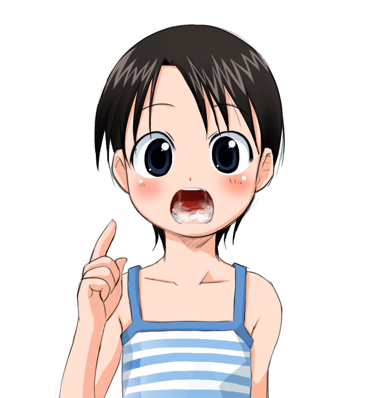 bizen, hayasaka miura, yotsubato!, black eyes, black hair, blush, camisole, cum, cum in mouth, loli, short hair, solo, surprised