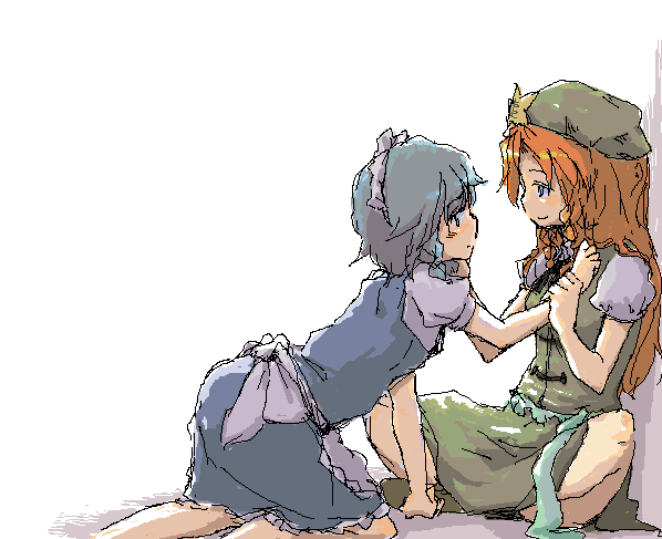itsuki kuro, hong meiling, izayoi sakuya, embodiment of scarlet devil, touhou, silver hair, bad id, bad pixiv id, 2girls, china dress, chinese clothes, crossed legs, dress, female focus, holding another's wrist, kneeling, long hair, maid, multiple girls, oekaki, red hair, ribbon, short hair, simple background, sitting, yuri