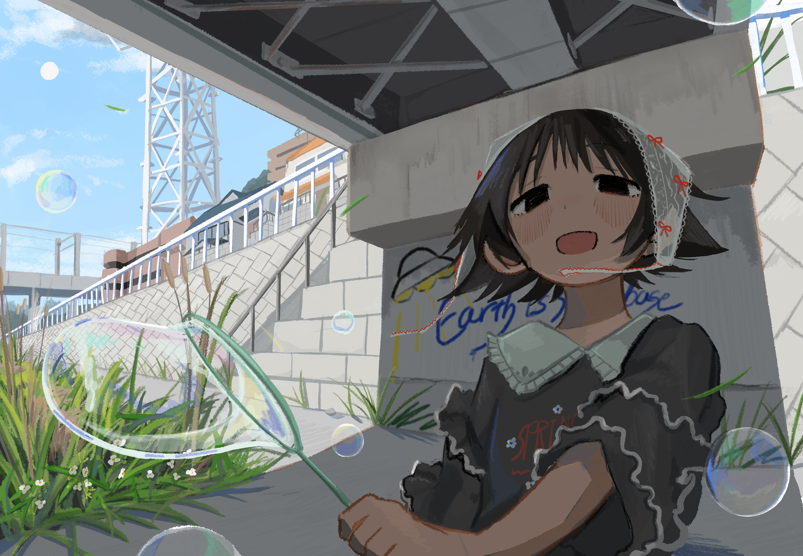 amamoto air, original, highres, 1girl, black eyes, black hair, black shirt, blouse, blue sky, blush, bridge, bubble wand, building, cattail, collared shirt, day, flower, graffiti, grass, headscarf, holding, lace, lace headwear, layered sleeves, open mouth, plant, railing, shirt, sky, soap bubbles, solo, under bridge