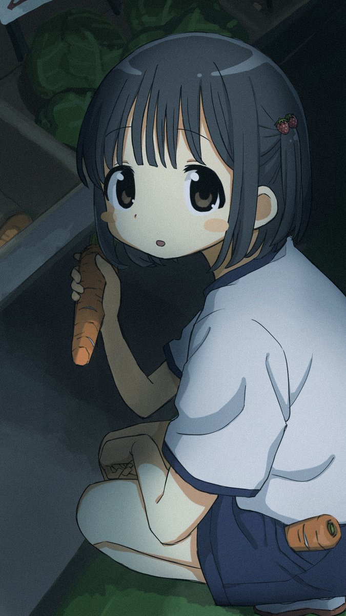original, highres, 1girl, :o, black hair, blue shorts, blush stickers, cabbage, carrot, chawanwan, food-themed hair ornament, food in pocket, hair ornament, holding, holding carrot, object in pocket, pocket, shirt, short hair, shorts, solo, squatting, strawberry hair ornament, tareme, two side up, white shirt