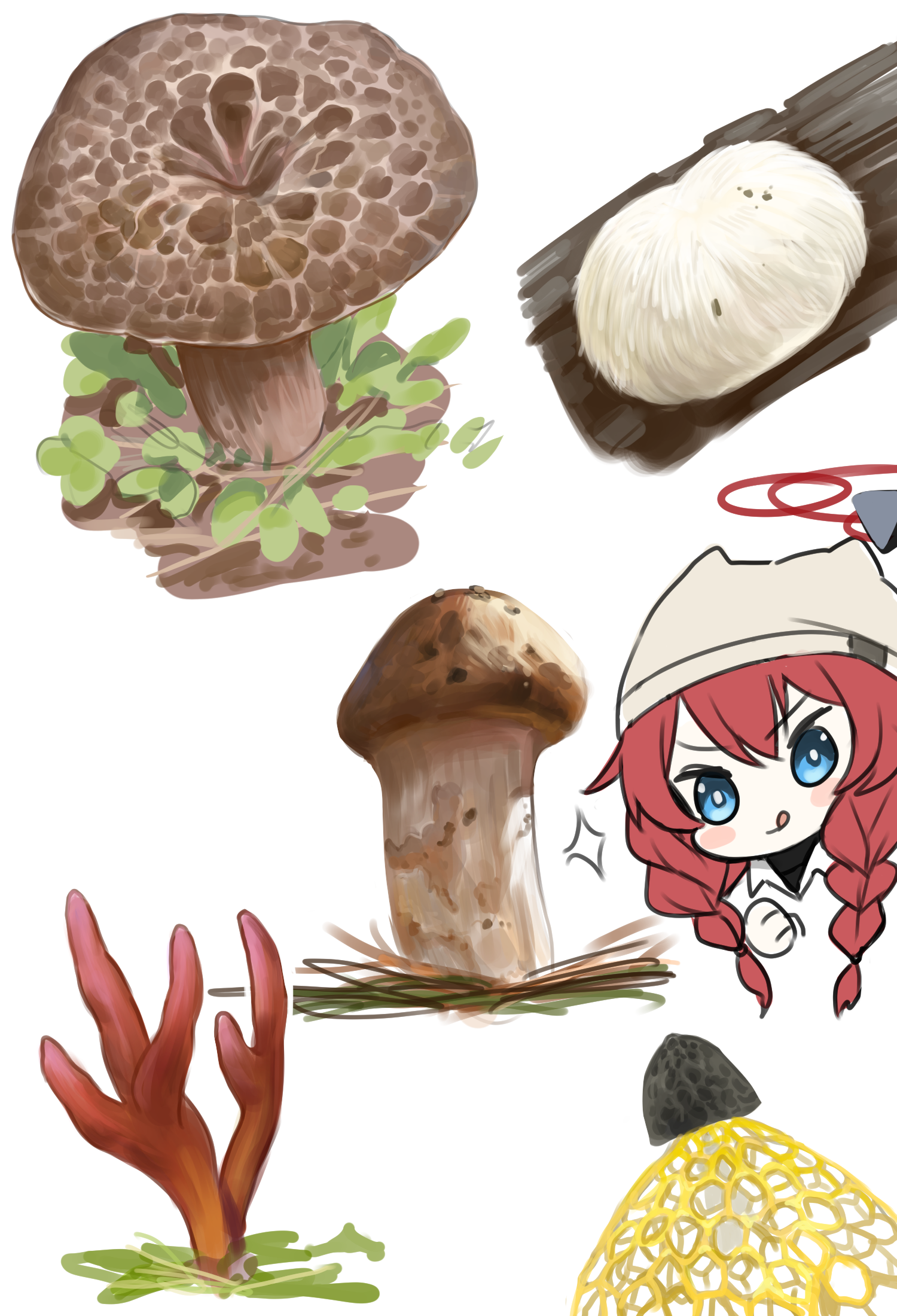 dokomon, maki (blue archive), maki (camp) (blue archive), blue archive, commentary request, highres, korean commentary, plant request, 1girl, :q, animal ears, animal hat, beanie, blue eyes, blush stickers, braid, brown hat, chibi, clenched hand, closed mouth, fake animal ears, halo, hat, long hair, low twintails, mushroom, red hair, smile, solo, sparkle, tongue, tongue out, twin braids, twintails, v-shaped eyebrows, white background