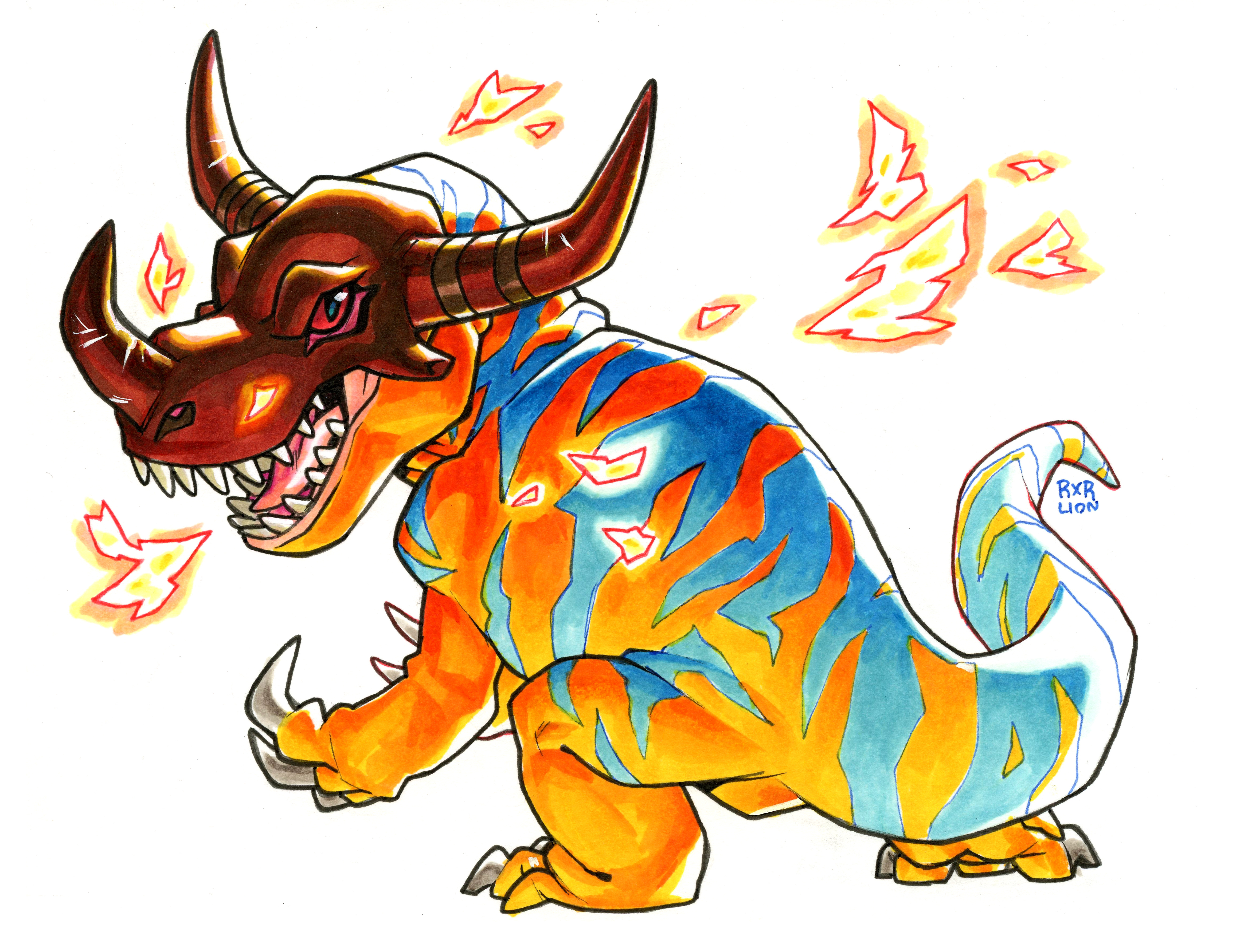 railroadlion, greymon, digimon, absurdres, highres, marker (medium), traditional media, claws, digimon (creature), fire, horns, looking at viewer, no humans, open mouth, red eyes, sharp teeth, simple background, solo, tail, teeth, white background