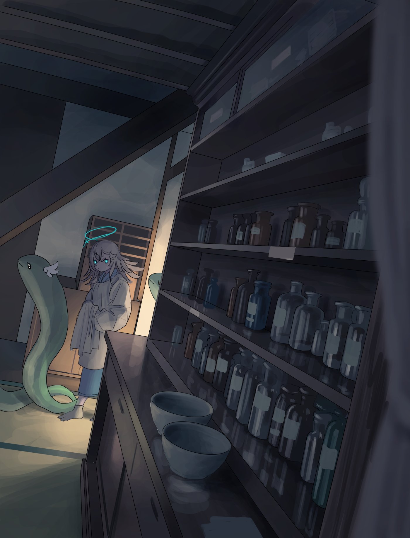 tensen (dotted line), original, highres, 1girl, blue eyes, blue halo, blue kimono, bottle, bowl, brown hair, eel, expressionless, glowing, glowing eyes, hair ornament, hairpin, halo, indoors, japanese clothes, kimono, shelf, solo, tatami, wide shot