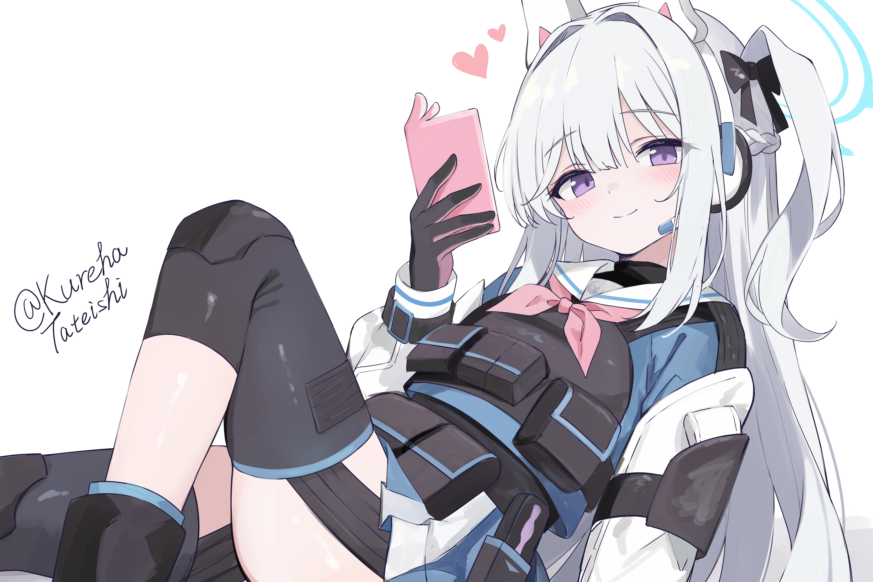 tateishi kureha, miyako (blue archive), blue archive, absurdres, commentary request, highres, 1girl, black boots, black bow, black gloves, blue shirt, blue skirt, blue socks, blush, boots, bow, braid, cellphone, closed mouth, feet out of frame, gloves, grey hair, hair between eyes, hair bow, hair intakes, halo, headgear, headset, holding, holding phone, knee pads, long hair, long sleeves, looking at viewer, one side up, phone, pleated skirt, puffy long sleeves, puffy sleeves, purple eyes, sailor collar, shirt, simple background, skirt, smile, socks, solo, twitter username, very long hair, white background, white sailor collar