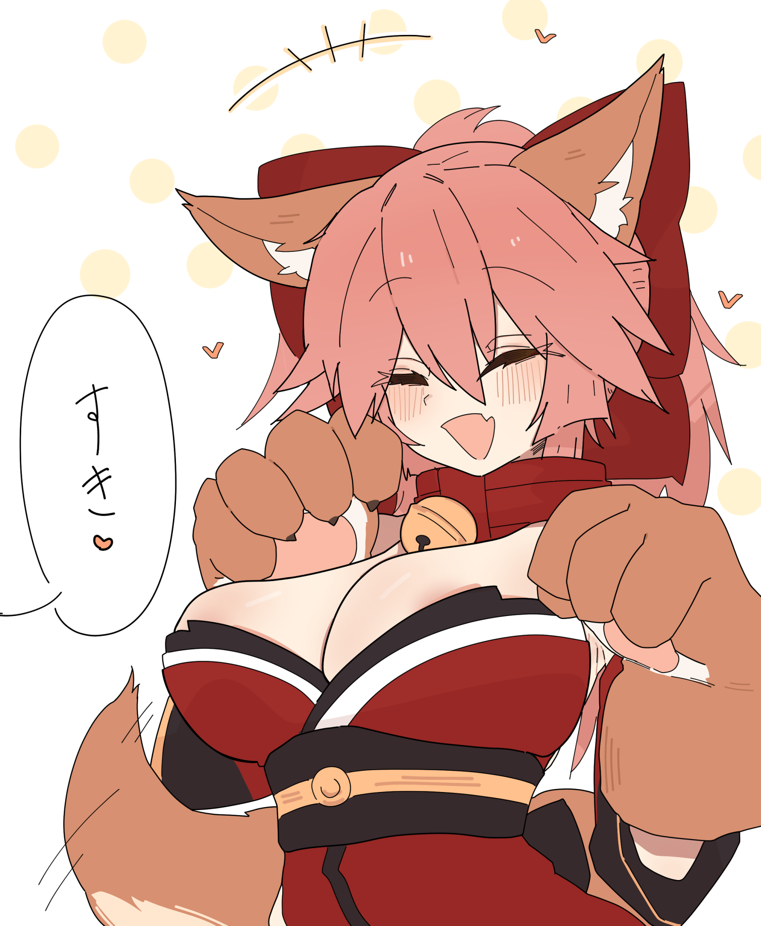 rottenweiler, tamamo cat (fate), fate/grand order, fate (series), tamamo (fate), highres, translation request, +++, 1girl, animal ears, animal hands, bell, belt, belt collar, black sash, blush, bow, breasts, brown gloves, cat paws, choker, closed eyes, collar, fang, fox ears, fox girl, fox tail, gloves, heart, japanese clothes, kimono, large breasts, long hair, long sleeves, neck bell, open mouth, paw gloves, pink hair, polka dot, polka dot background, ponytail, red belt, red bow, red choker, red collar, red kimono, sash, skin fang, smile, solo, speech bubble, tail, tail wagging, white background