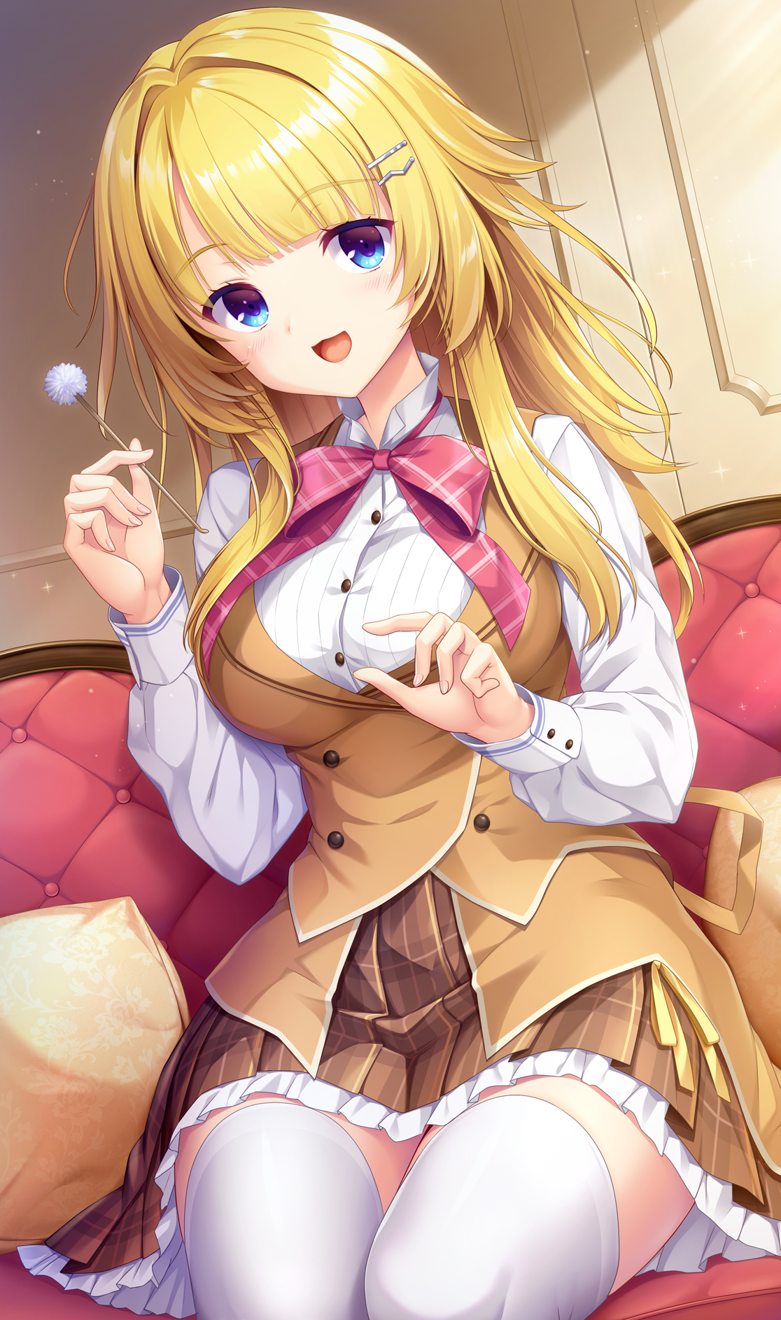 umitonakai, limelight lemonade jam, commentary request, highres, 1girl, :d, blonde hair, blue eyes, bow, breasts, brown skirt, brown vest, collared shirt, couch, dress shirt, frilled skirt, frills, hair ornament, hairclip, holding, large breasts, long hair, long sleeves, looking at viewer, mimikaki, on couch, open mouth, pillow, pink bow, plaid clothes, plaid skirt, pleated skirt, puffy long sleeves, puffy sleeves, shimakoshi tsukimi, shirt, sitting, skirt, smile, solo, thighhighs, vest, white shirt, white thighhighs