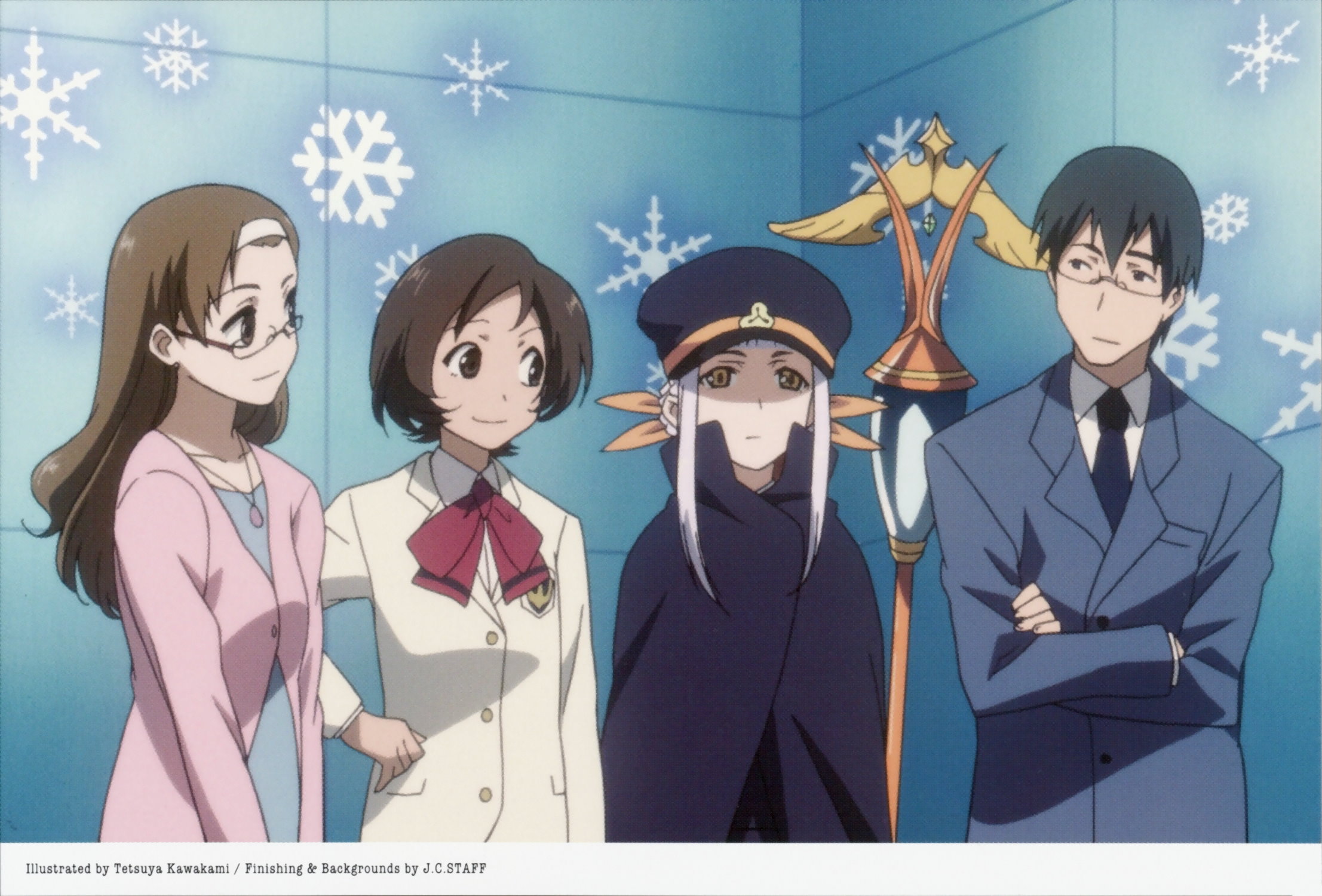 kawakami tetsuya, fumika, kanaka, kasai haruno, kasai natsuka, nojima kaname, shigofumi, silver hair, highres, official art, scan, 00s, 1boy, 3girls, black hair, brown hair, earrings, formal clothes, glasses, hat, jewelry, multiple girls, necktie, pendant, shako cap, staff, suit, yellow eyes