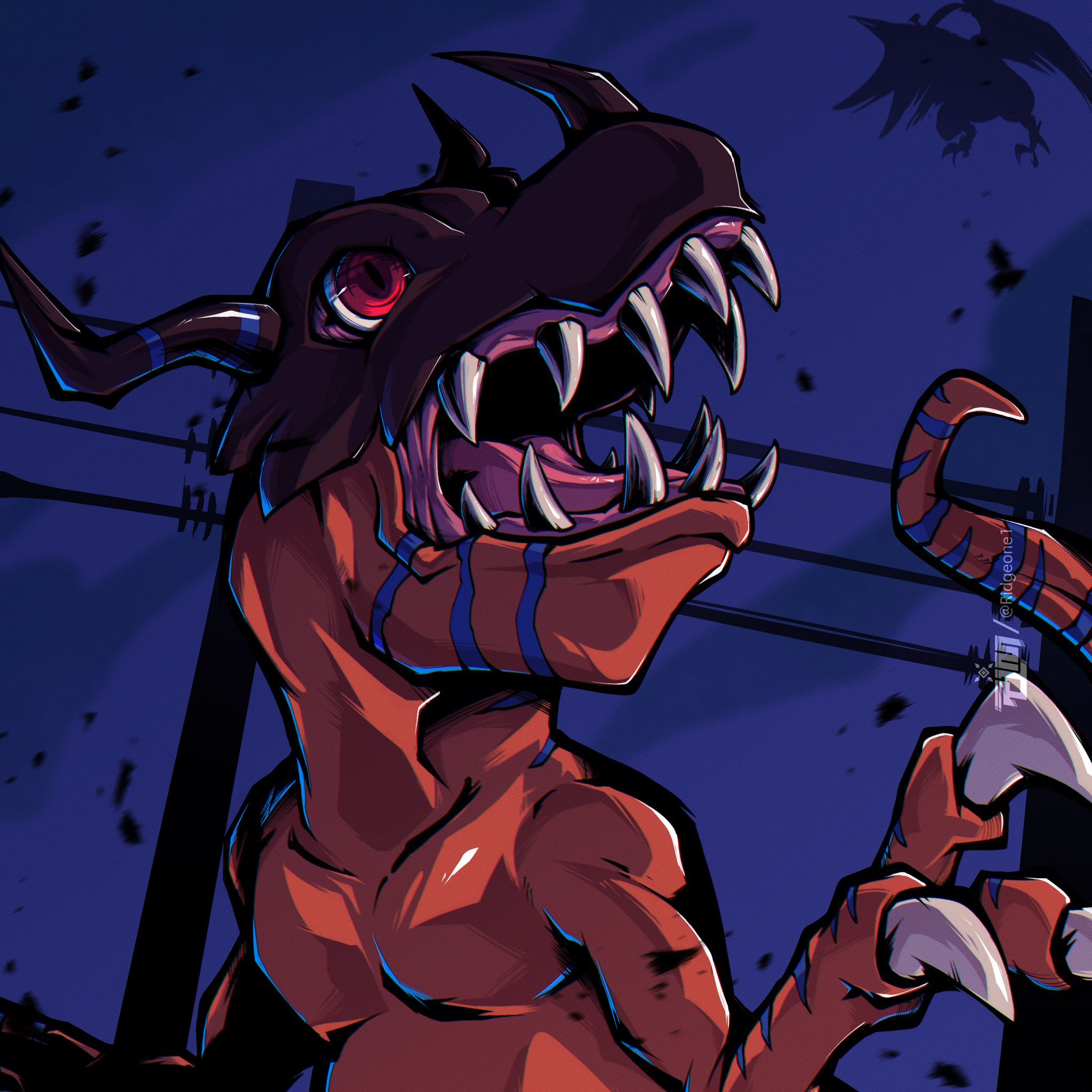 ridgeone, greymon, digimon, highres, claws, digimon (creature), horns, no humans, open mouth, outdoors, red eyes, sharp teeth, solo, teeth, upper body