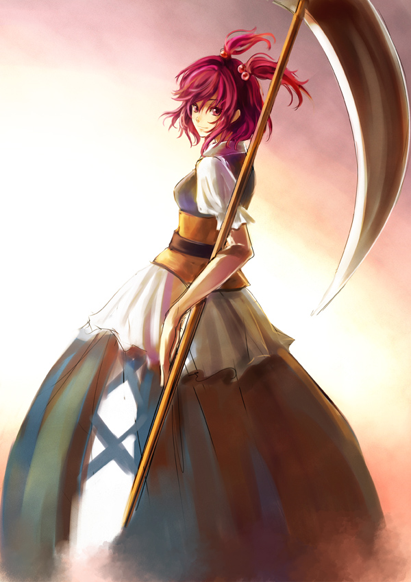 ria (rilpoppo), onozuka komachi, touhou, bad id, bad pixiv id, 1girl, female focus, hair bobbles, hair ornament, light smile, looking at viewer, looking back, red eyes, red hair, scythe, short hair, solo, standing, twintails, two side up