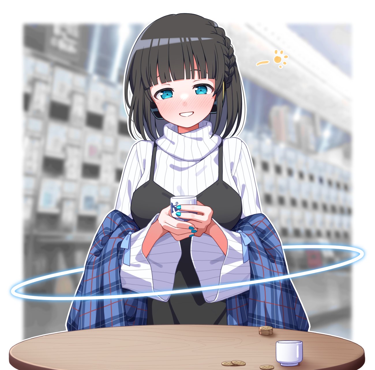 station memories, 1girl, black dress, dress, drink, ouji shigure, sweater, tokkuri, white sweater