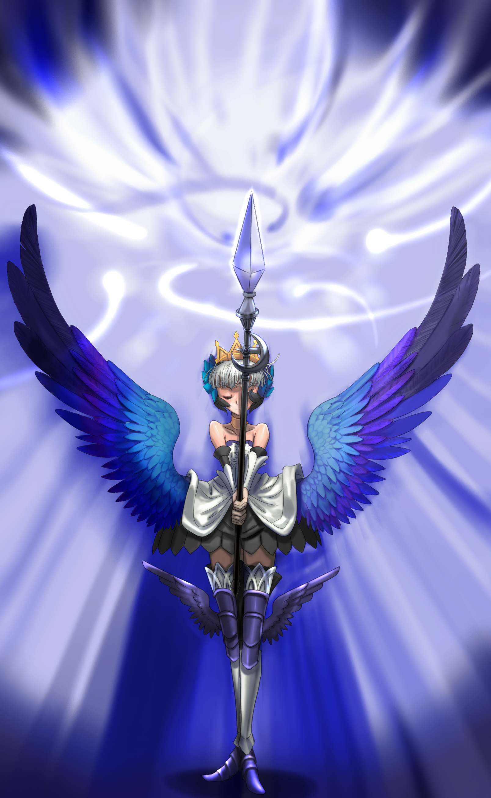 gwendolyn (odin sphere), odin sphere, absurdres, highres, scan, 1girl, armor, armored dress, blue background, dress, female focus, head wings, leg wings, low wings, multicolored wings, pteruges, solo, strapless, strapless dress, wings