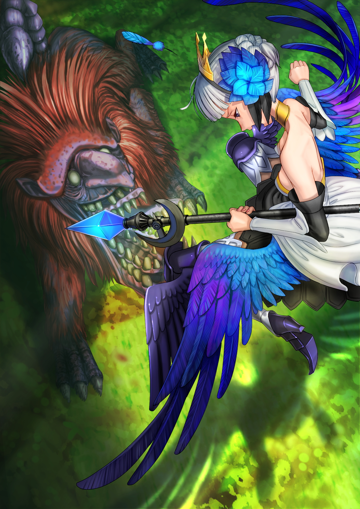 gwendolyn (odin sphere), odin sphere, highres, scan, 1girl, armor, armored dress, blurry, boots, braid, braided bun, depth of field, dress, female focus, green background, hair bun, high heel boots, high heels, leg wings, low wings, multicolored wings, pteruges, solo, stiletto heels, strapless, strapless dress, wings