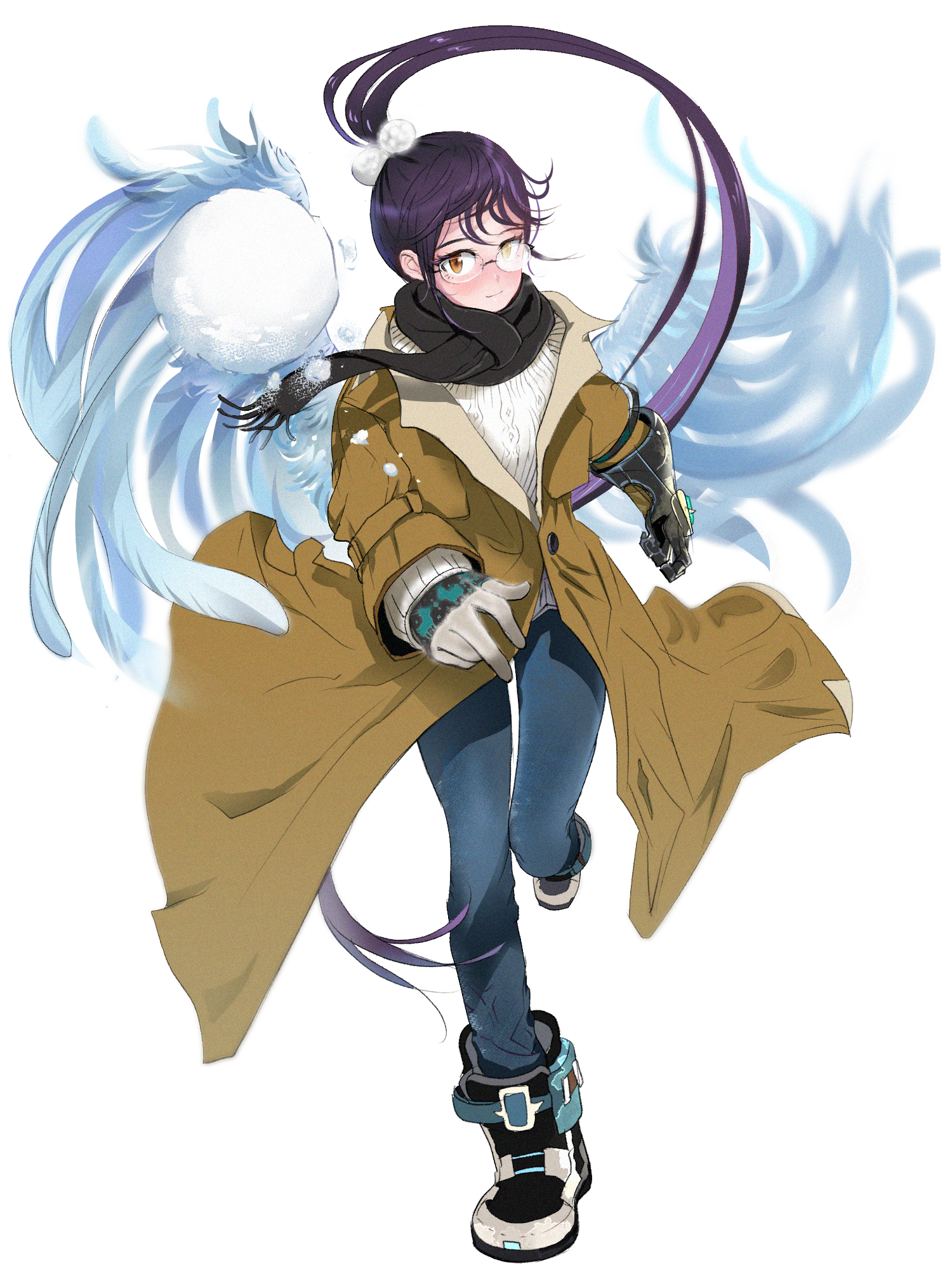 chain paradox, highres, 1girl, angel wings, black hair, black scarf, black shoes, blush, brown coat, coat, denim, feathered wings, foreshortening, full body, gauntlets, glasses, hair ornament, himiko (tw), jeans, light smile, long hair, melkidia sedecriel, pants, ponytail, purple hair, scarf, shoes, sneakers, snowball, solo, sweater, throwing, transparent background, very long hair, white sweater, white wings, wings