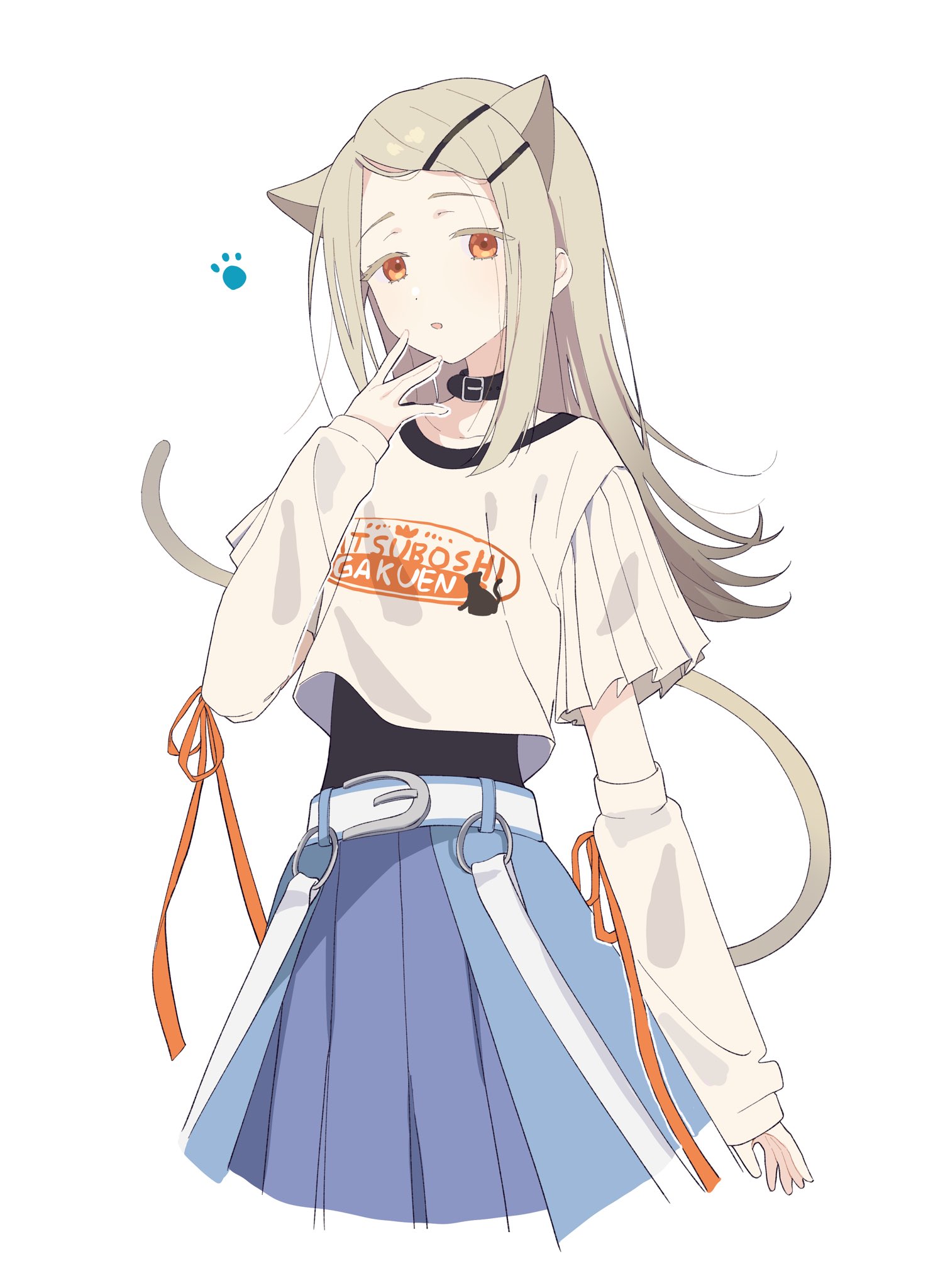 aru (purepur8), shinosawa hiro, gakuen idolmaster, idolmaster, highres, 1girl, animal collar, animal ears, animal print, belt, belt buckle, blonde hair, blue skirt, buckle, cat ears, cat girl, cat print, cat tail, collar, collarbone, colored eyelashes, cowboy shot, cropped legs, cropped shirt, detached sleeves, flipped hair, gradient hair, grey hair, hair ornament, hairclip, hand to own mouth, long hair, looking at viewer, multicolored hair, open mouth, orange eyes, orange ribbon, parallel hairclips, parted bangs, paw print, print shirt, ribbon, shirt, simple background, skirt, solo, t-shirt, tail, text print, undershirt, white background, white belt, white shirt, white sleeves