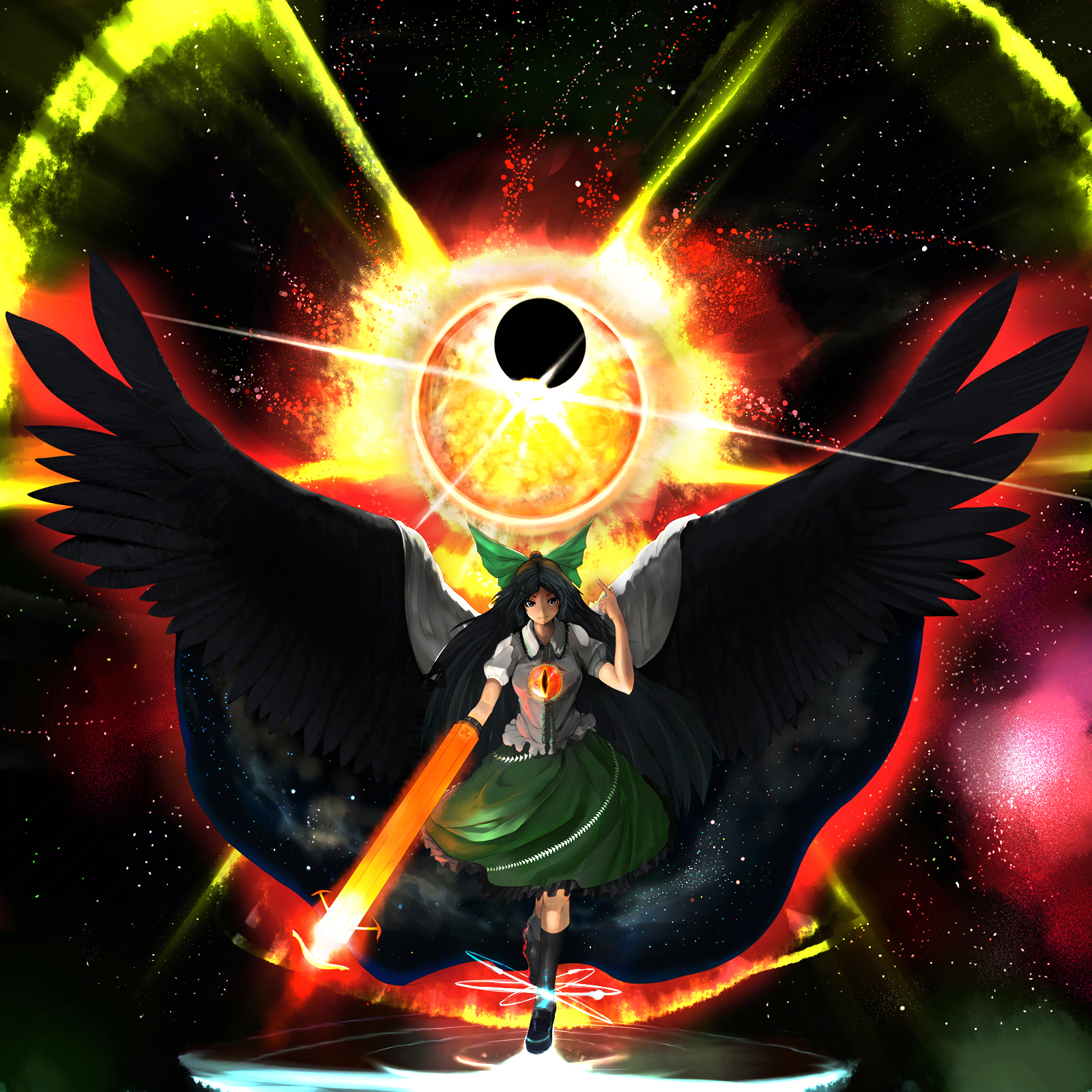 arugeri, reiuji utsuho, touhou, highres, 1girl, arm cannon, arm up, black hair, black sun, bow, cape, eclipse, female focus, floating, glowing, hair bow, large bow, long hair, looking at viewer, oversized wings, paint splatter, pointing, radiation symbol, red eyes, ribbon, smirk, solo, spread wings, star (sky), star (symbol), sun, third eye, weapon, wings