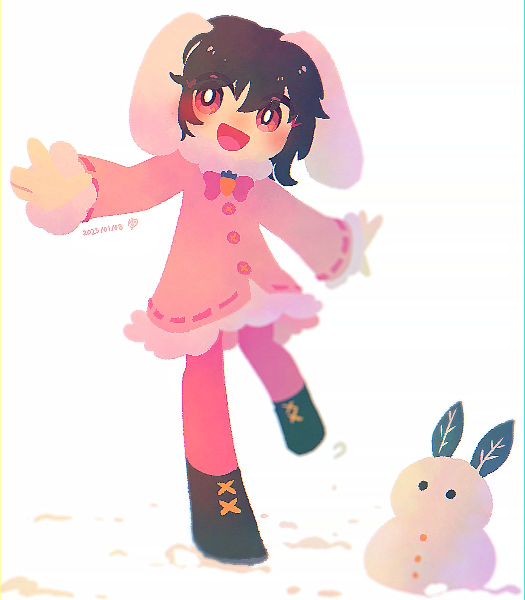 8osakana san8, inaba tewi, touhou, highres, 1girl, animal ears, black boots, black hair, boots, coat, cold, dated, full body, leaf, long sleeves, open mouth, outstretched arms, rabbit ears, red eyes, short hair, simple background, snow, snowman, solo, white background, winter, winter clothes, winter coat