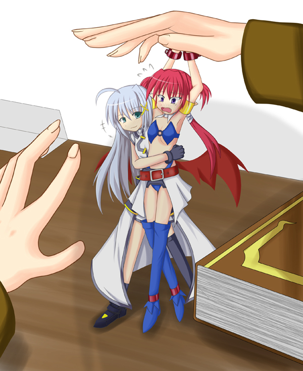 yuuki shougo, agito, agito (nanoha), reinforce zwei, tome of the night sky, yagami hayate, lyrical nanoha, mahou shoujo lyrical nanoha, mahou shoujo lyrical nanoha strikers, 00s, 2girls, asymmetrical clothes, bat wings, blue eyes, blue hair, blush, book, boots, hair ornament, long hair, midriff, mini person, minigirl, multiple girls, quad tails, red eyes, red hair, single thighhigh, thigh boots, thighhighs, wings, x hair ornament, you gonna get raped