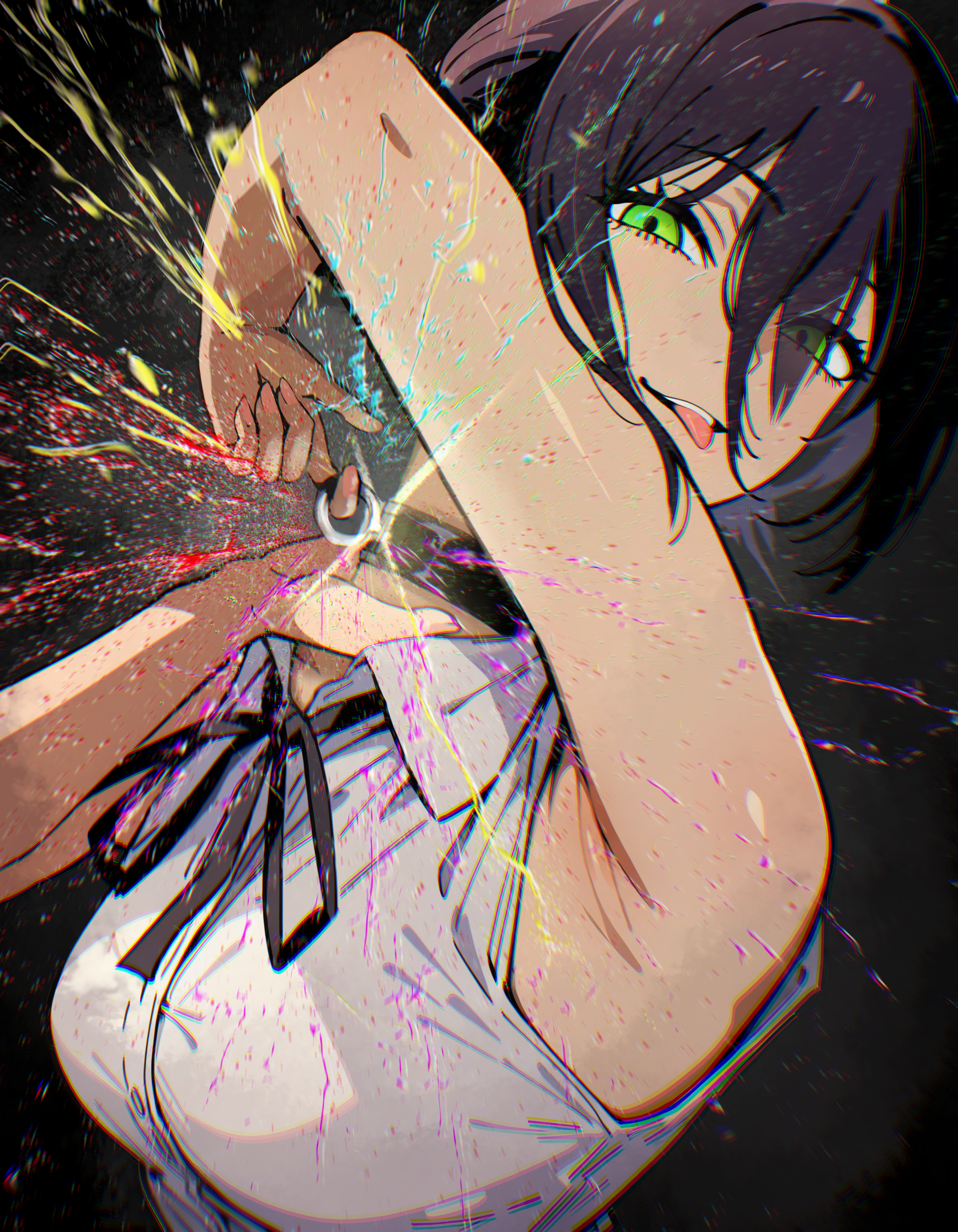hiraji, reze (chainsaw man), chainsaw man, absurdres, highres, 1girl, armpits, black choker, black hair, black ribbon, breasts, choker, collared shirt, green eyes, hand on own neck, medium breasts, neck ribbon, ribbon, shirt, sidelocks, sleeveless, sleeveless shirt, solo, tongue, tongue out