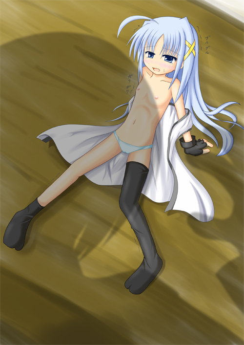 yuuki shougo, reinforce zwei, yagami hayate, lyrical nanoha, mahou shoujo lyrical nanoha, mahou shoujo lyrical nanoha strikers, 00s, 1girl, asymmetrical clothes, blue eyes, blue hair, female focus, flat chest, gloves, hair ornament, matching hair/eyes, mini person, minigirl, nipples, panties, shadow, single thighhigh, solo, thighhighs, underwear, x hair ornament, you gonna get raped